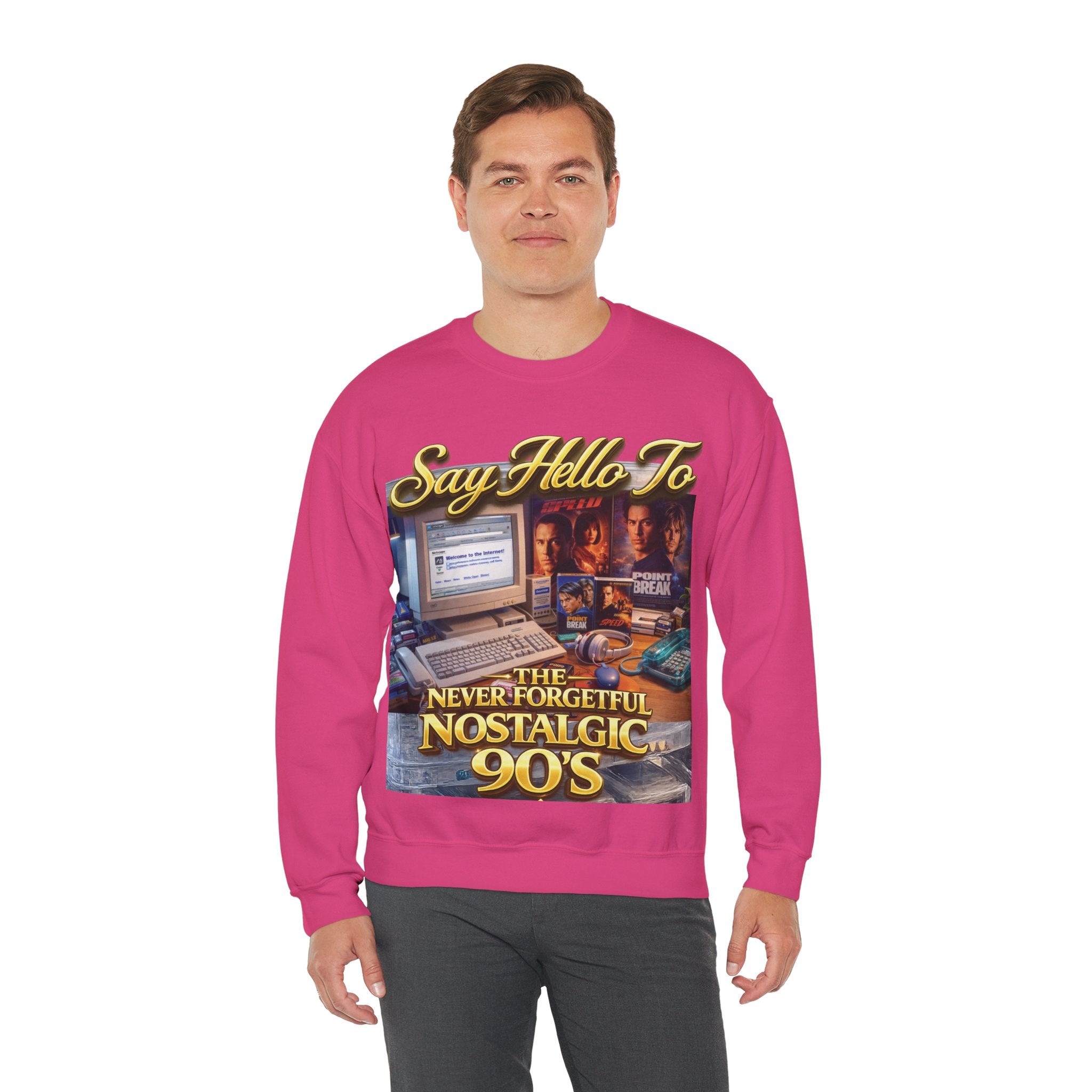 90s Nostalgia Crewneck Sweatshirt – "Say Hello To The Never Forgetful Nostalgic 90's" Printify