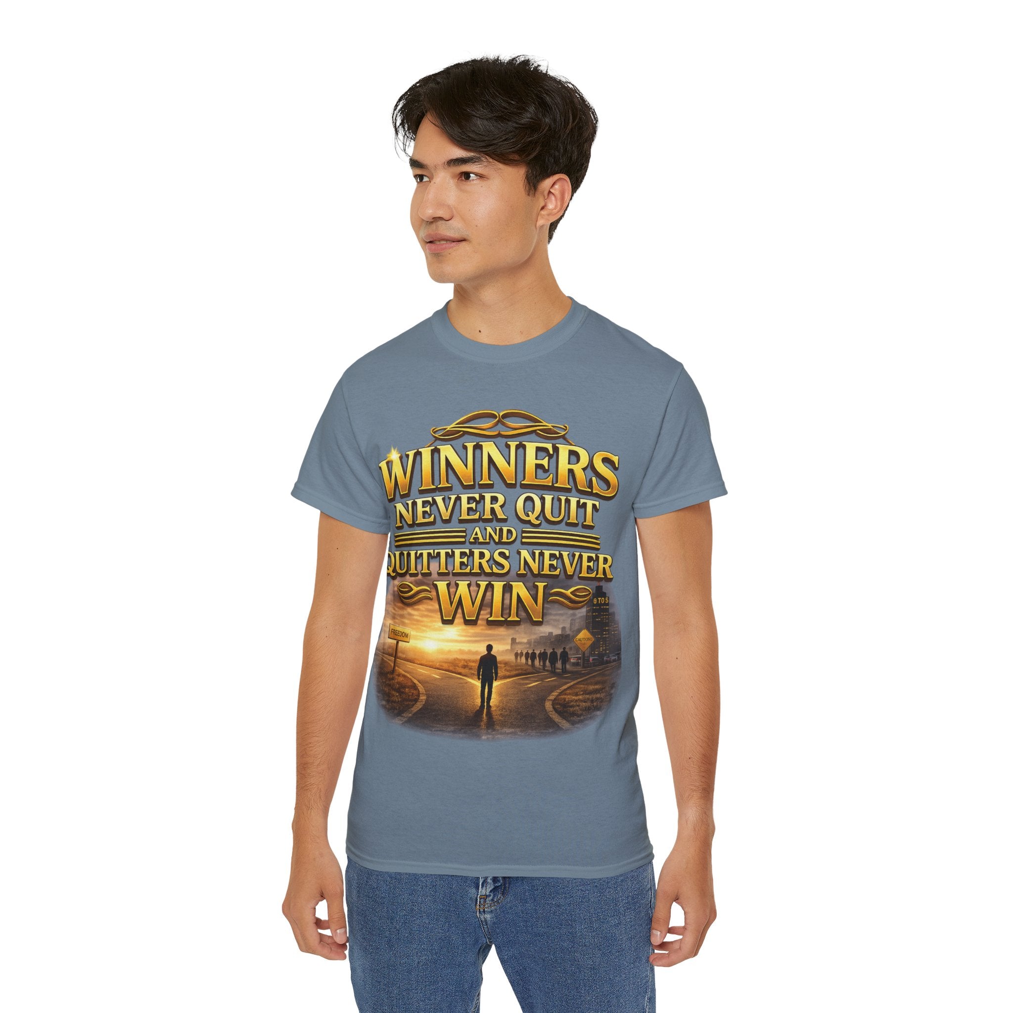 Winners Never Quit Inspirational Tee — Motivational Quote Shirt Printify