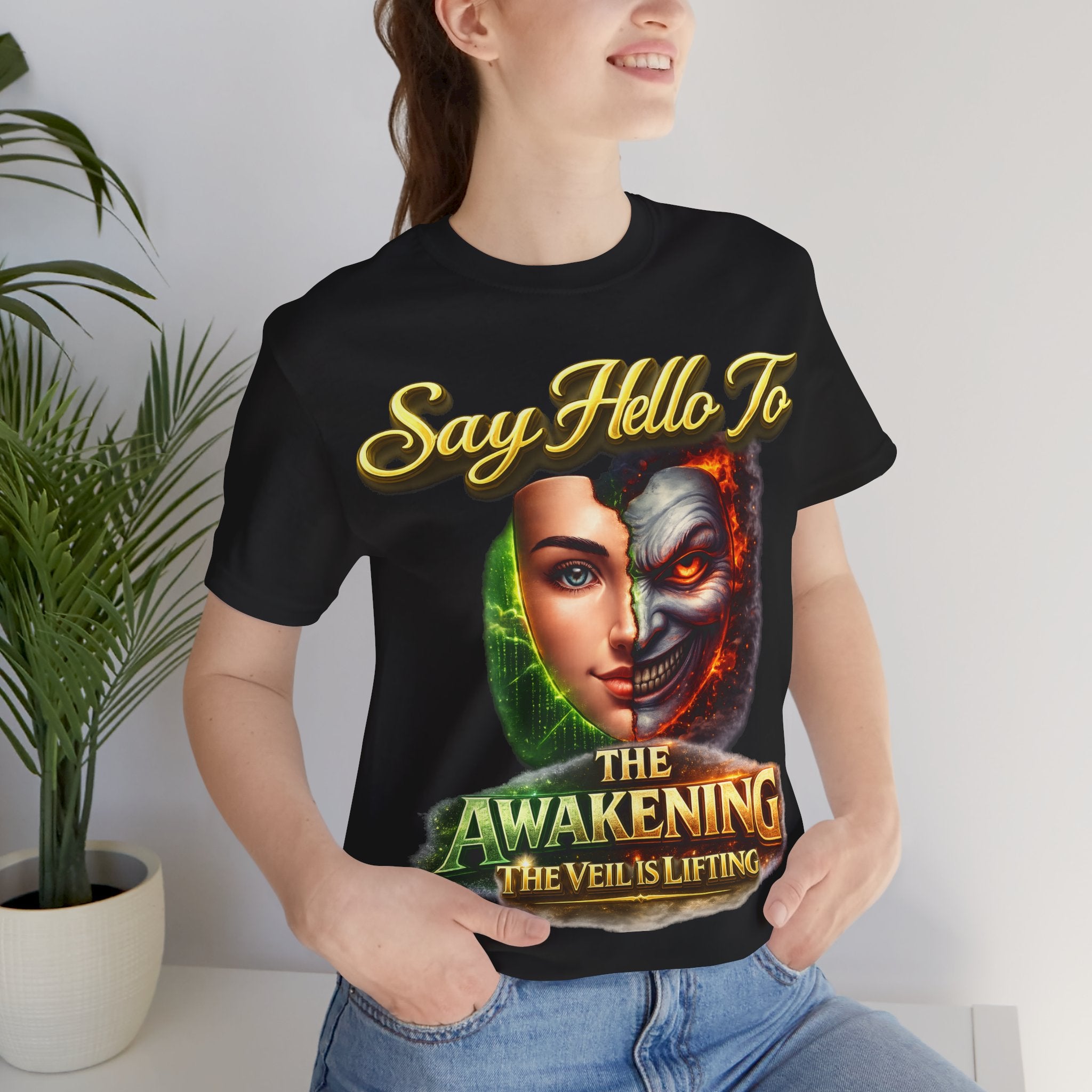 Horror Mask Split Face Tee — "Say Hello To Your Family and Friends" Graphic T-Shirt Printify