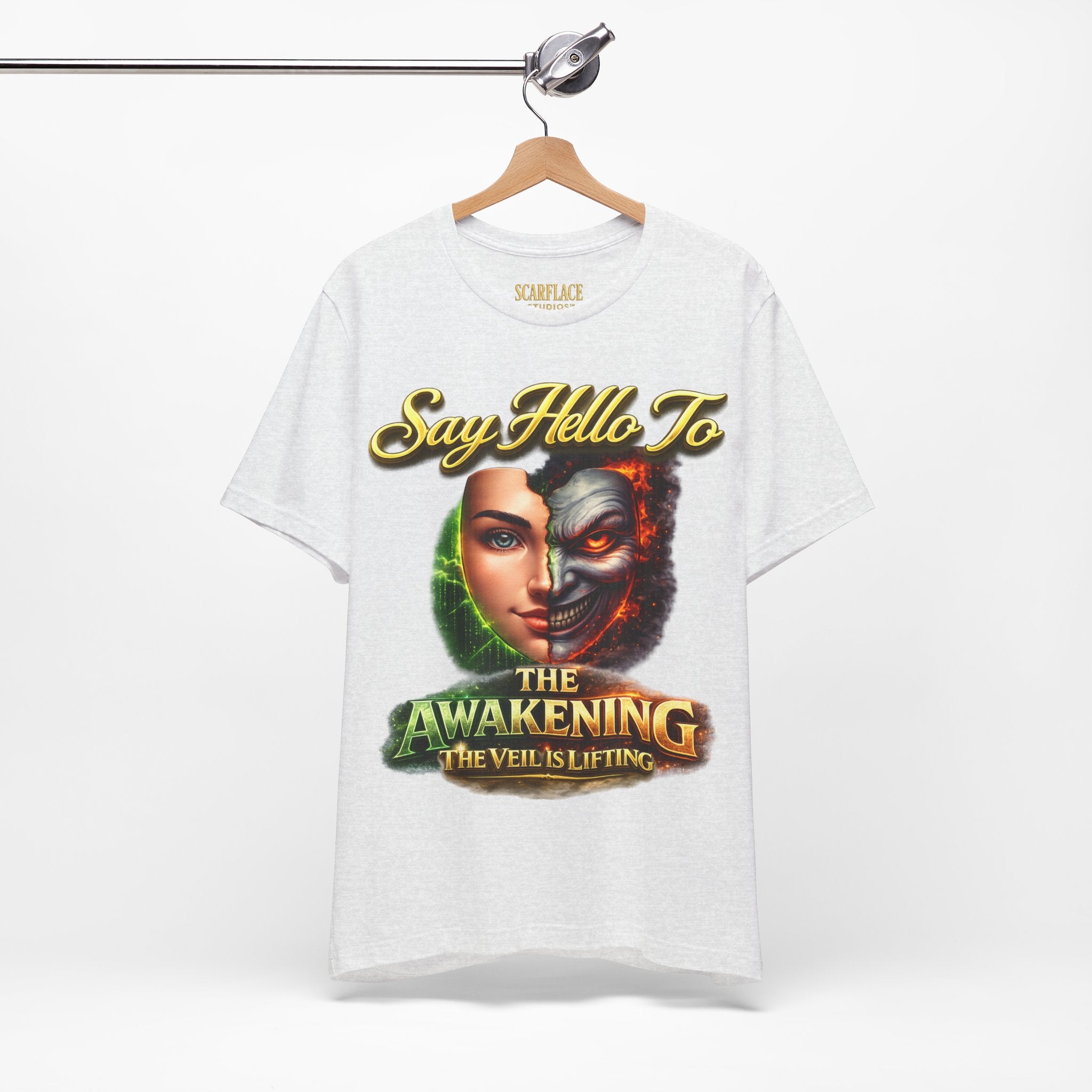 Horror Mask Split Face Tee — "Say Hello To Your Family and Friends" Graphic T-Shirt Printify