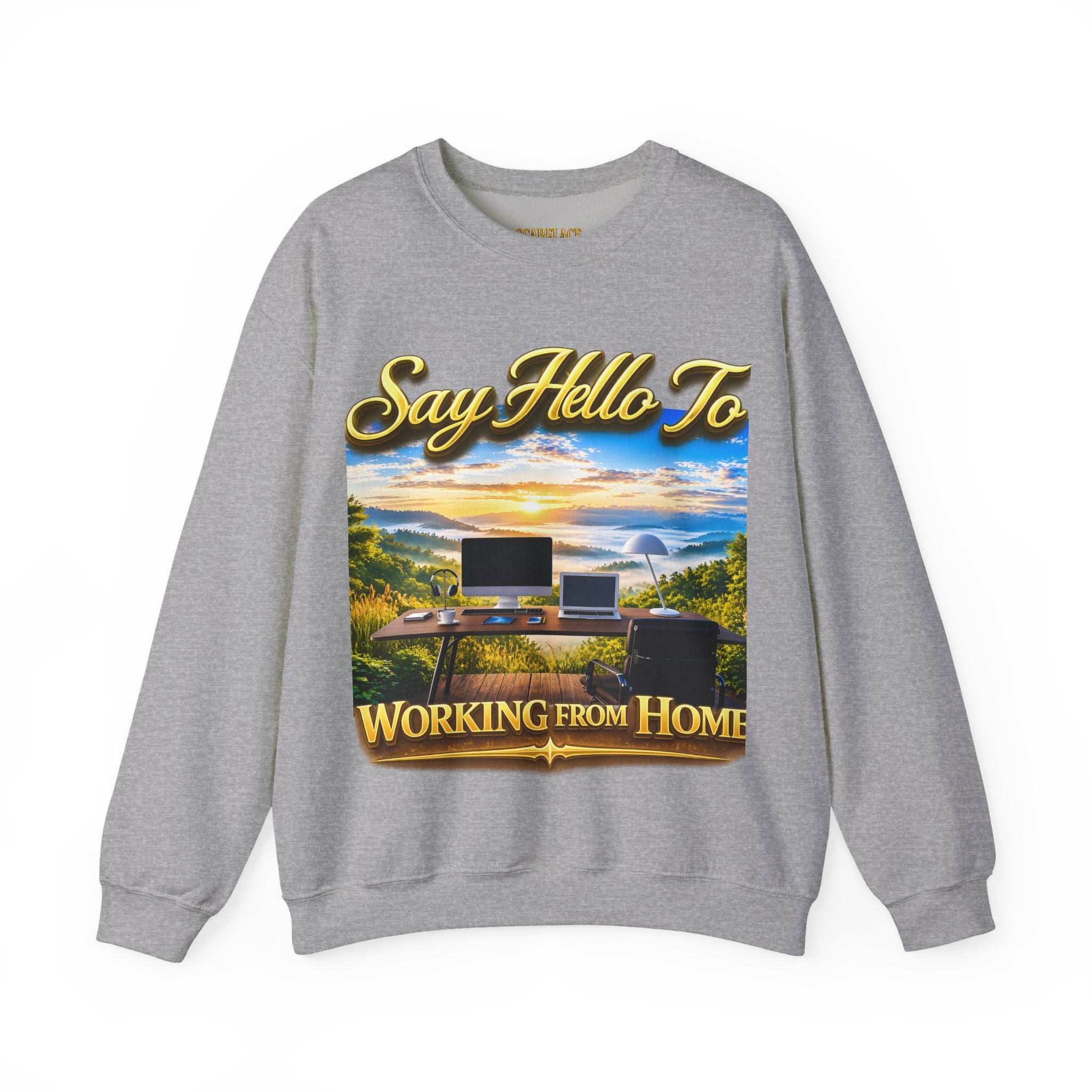 Working From Home Sweatshirt – "Say Hello To" Scenic Home Office Crewneck Printify
