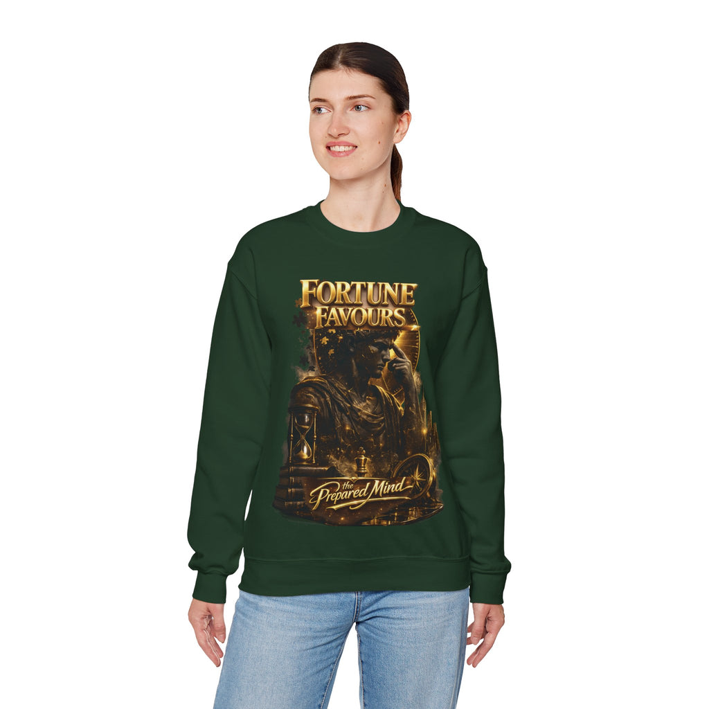 Crewneck Sweatshirt — "Fortune Favors the Prepared Mind" Motivational Design Printify