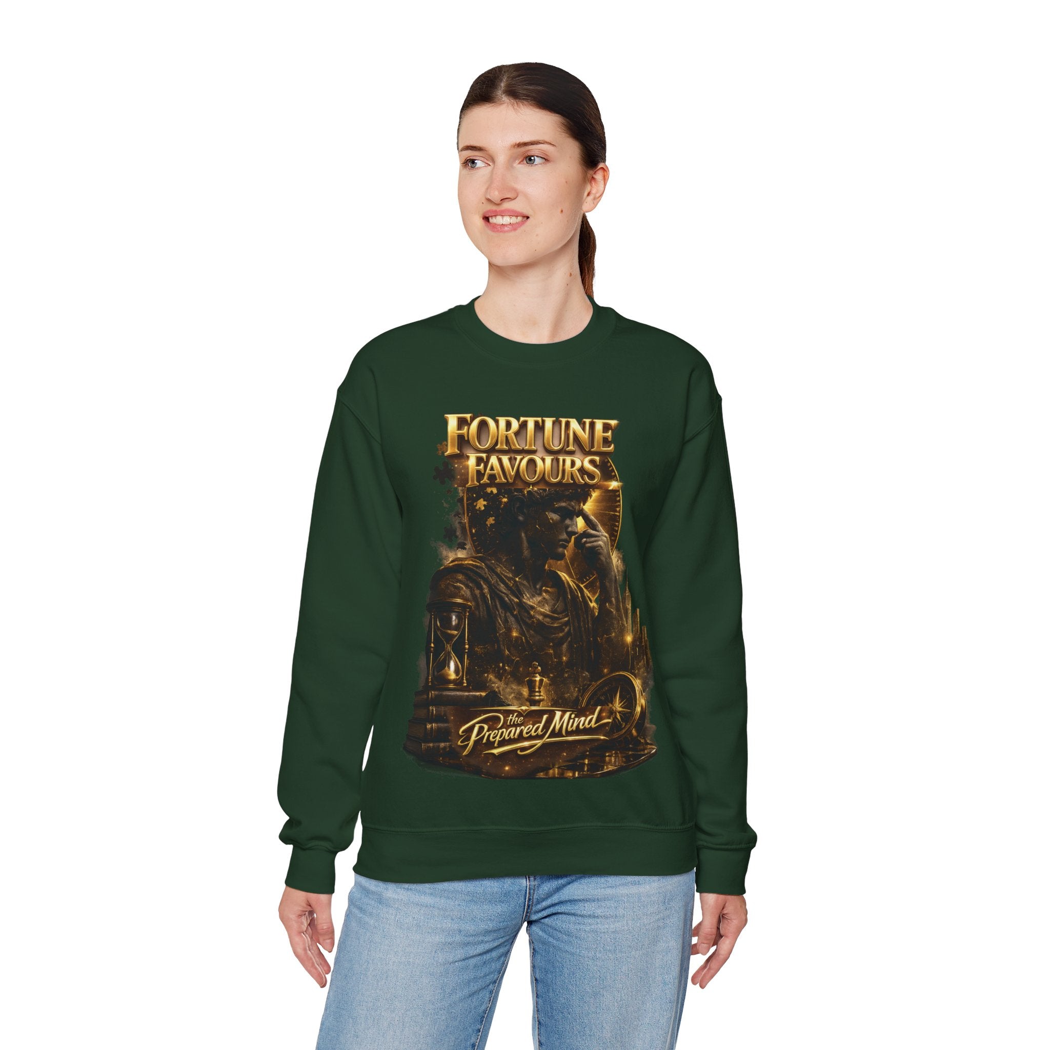 Crewneck Sweatshirt — "Fortune Favors the Prepared Mind" Motivational Design Printify