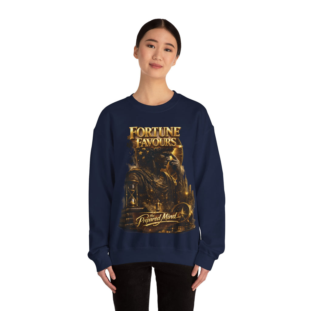 Crewneck Sweatshirt — "Fortune Favors the Prepared Mind" Motivational Design Printify