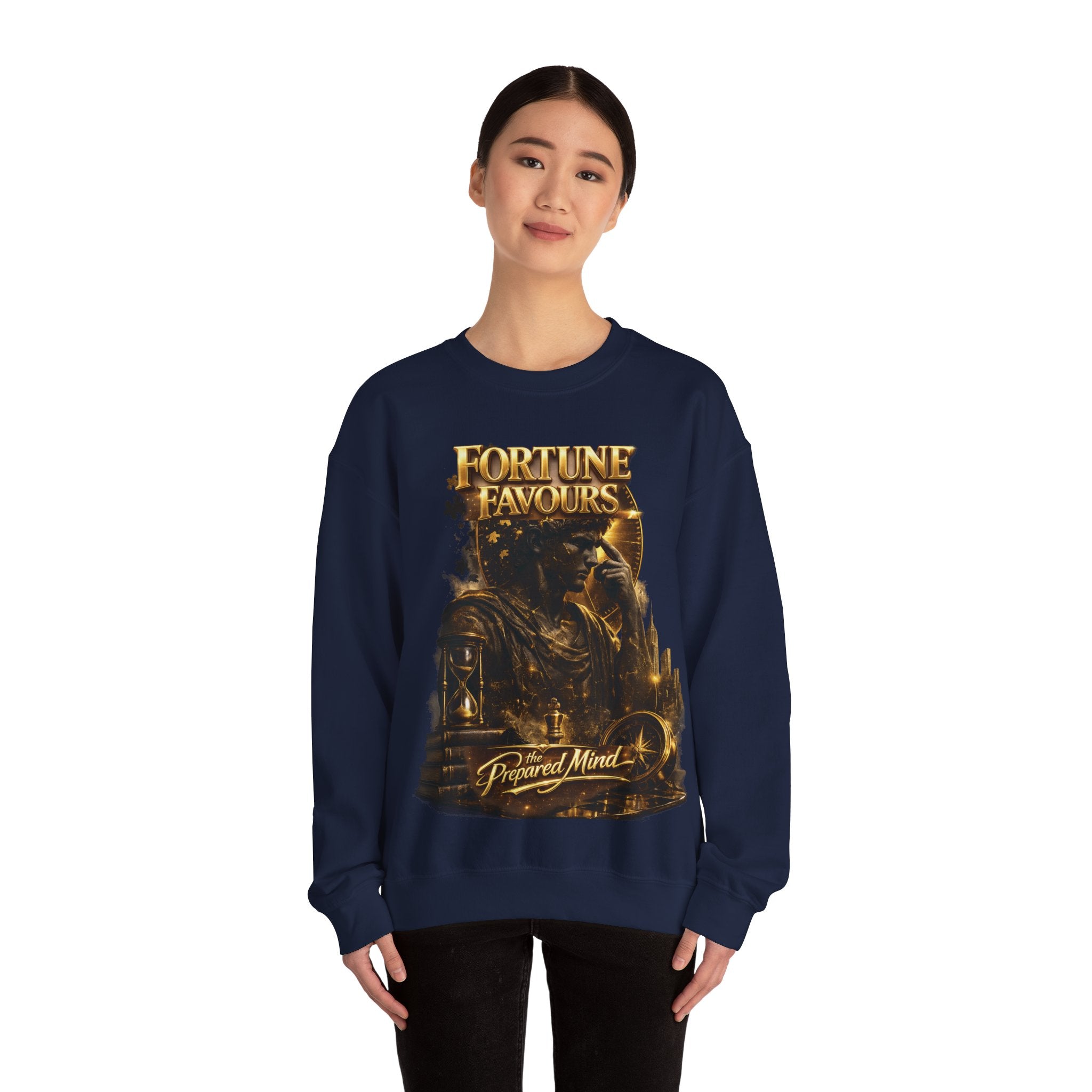 Crewneck Sweatshirt — "Fortune Favors the Prepared Mind" Motivational Design Printify