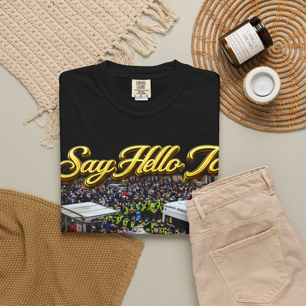 Graphic T-Shirt — "Say Hello to Scotland: Send Them Home" Protest Design Printify