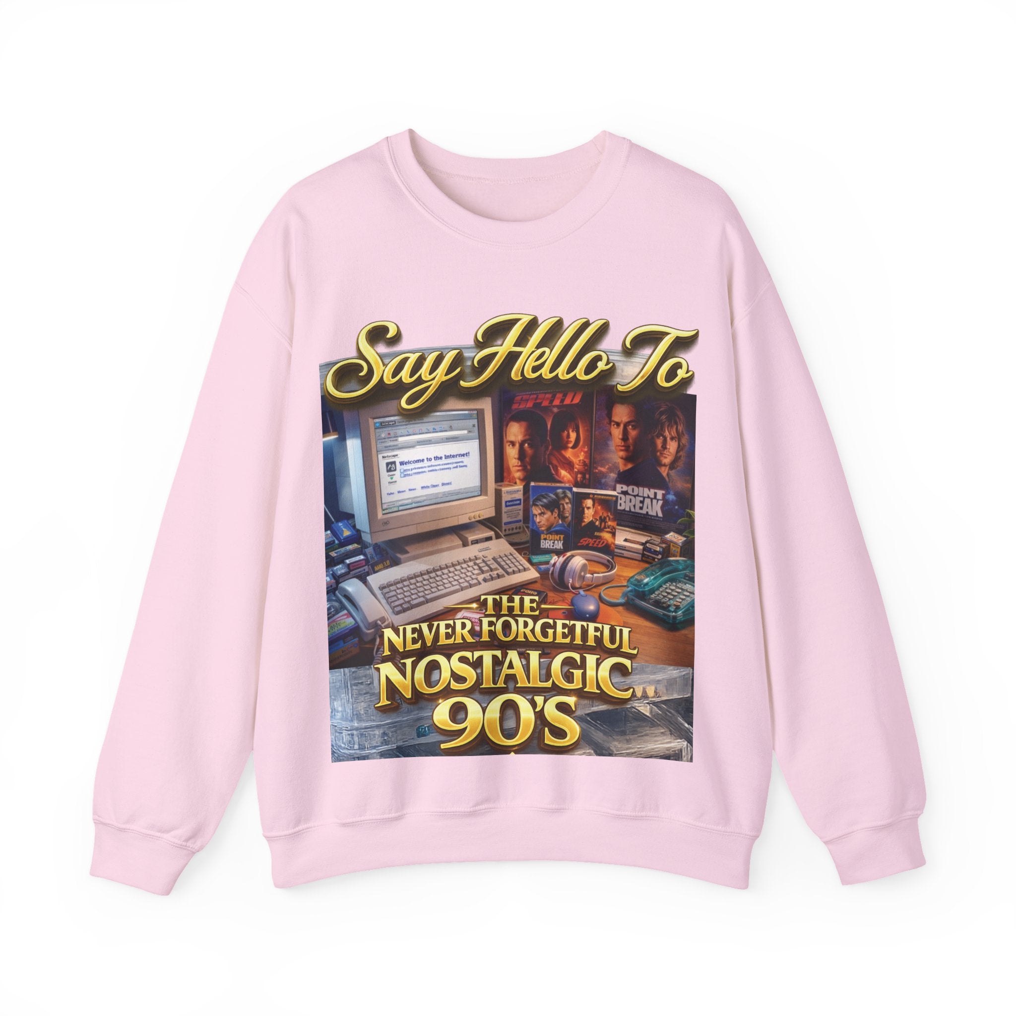 90s Nostalgia Crewneck Sweatshirt – "Say Hello To The Never Forgetful Nostalgic 90's" Printify