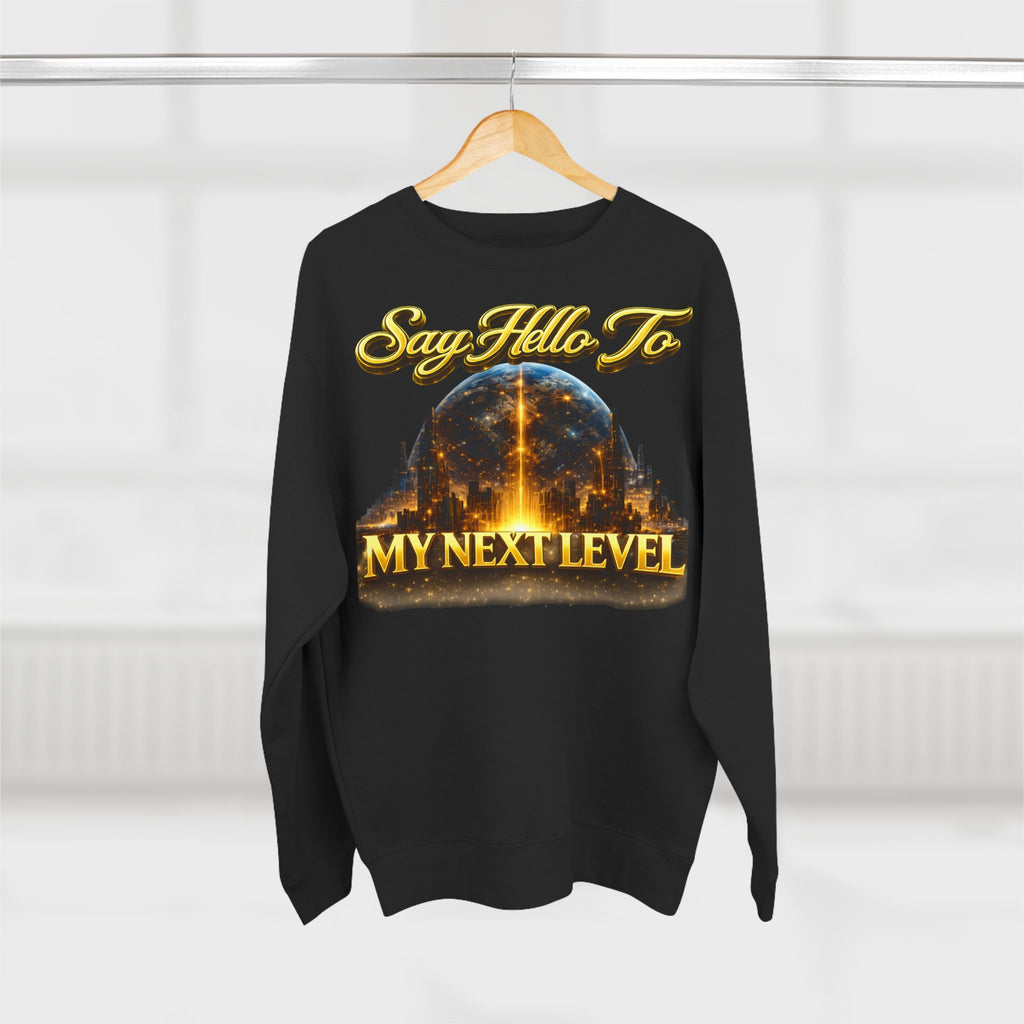 Crewneck Sweatshirt — "Say Hello to My Next Level" Golden Sci‑Fi City Graphic Printify