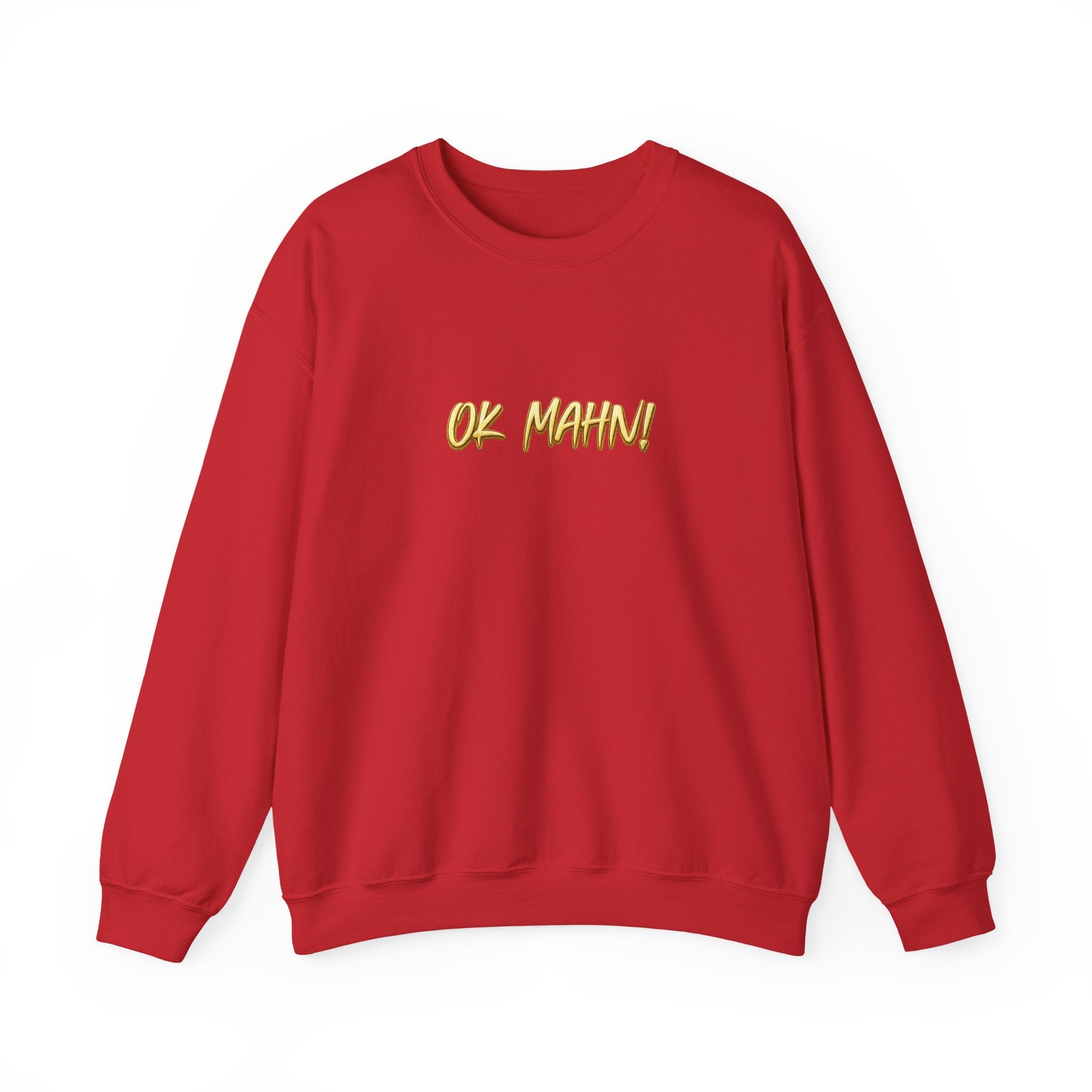 Crewneck Sweatshirt — 'Ok Mahn!' Gold Script Minimalist Streetwear Printify