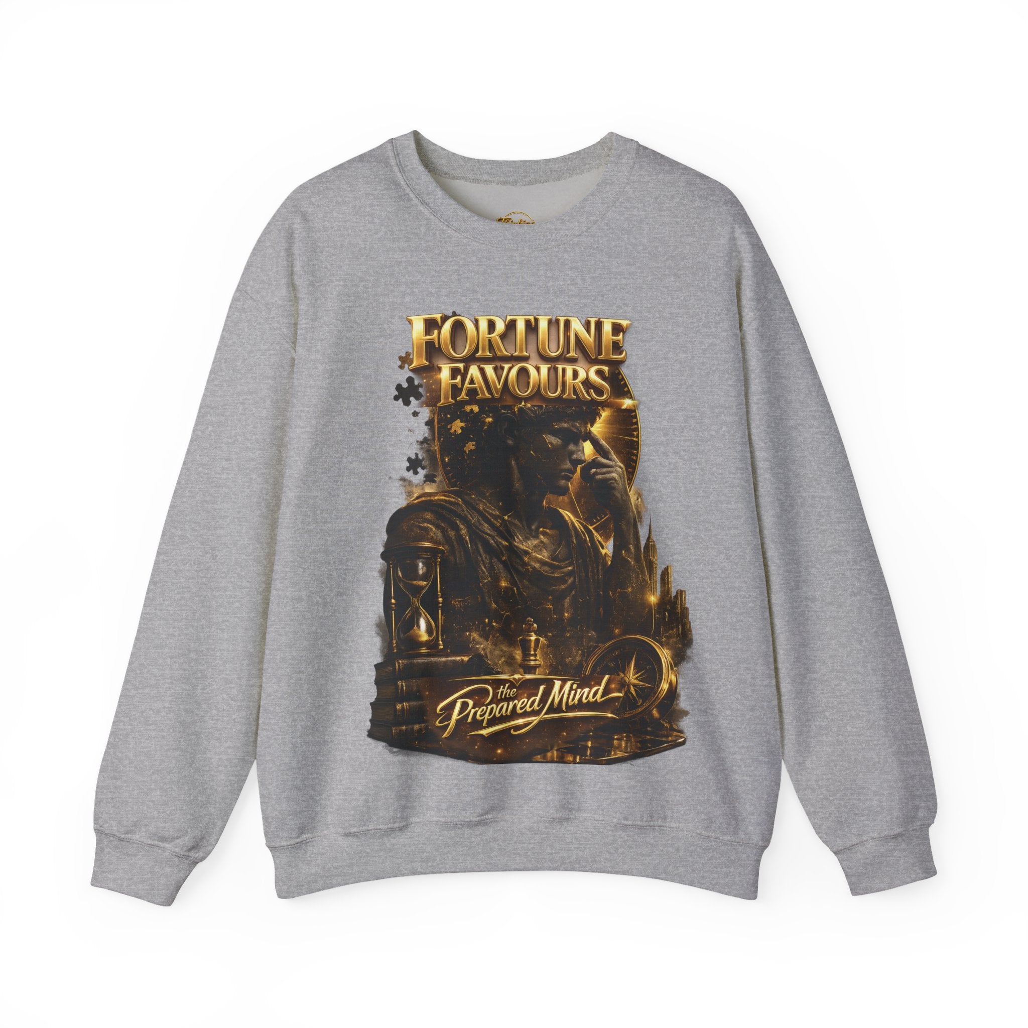 Crewneck Sweatshirt — "Fortune Favors the Prepared Mind" Motivational Design Printify