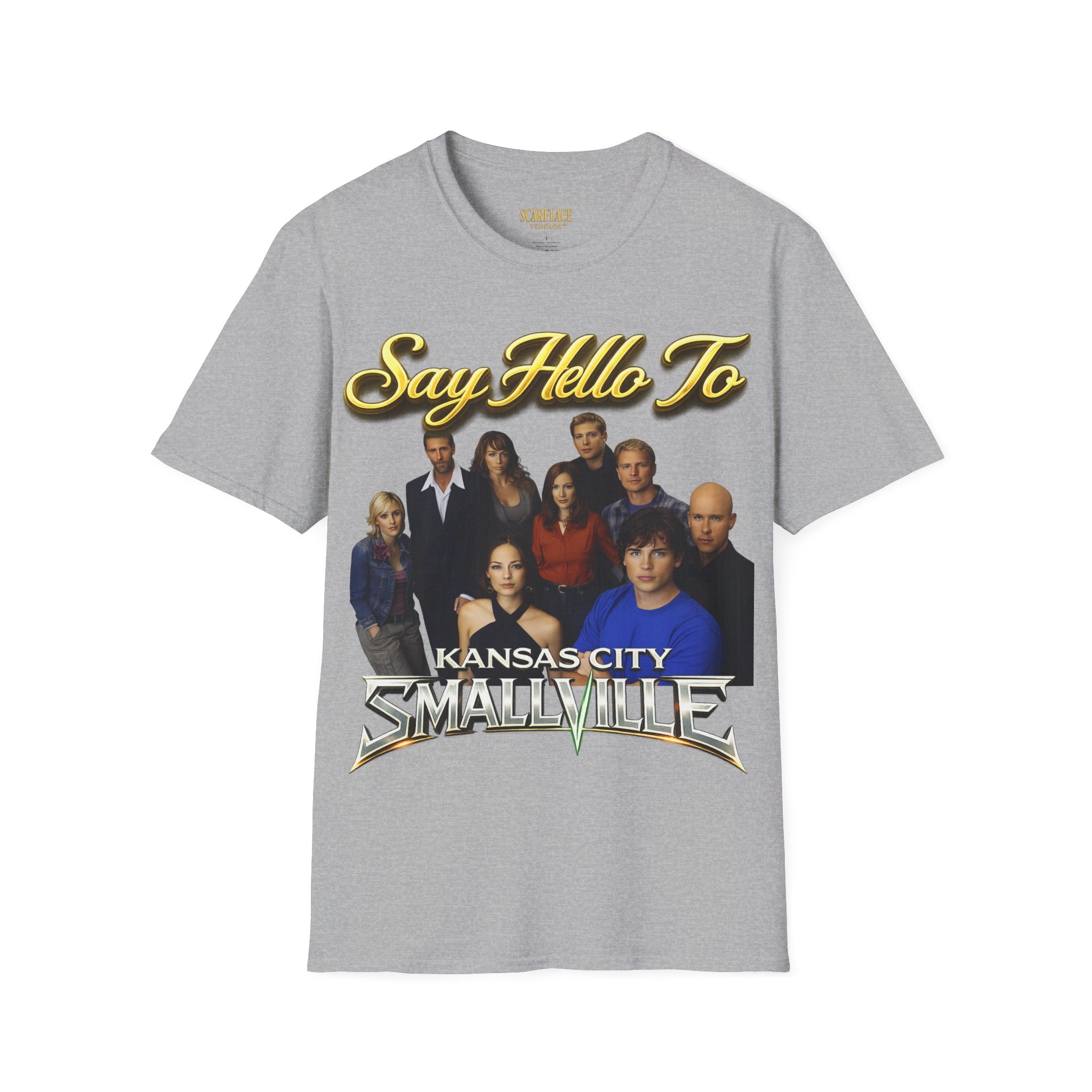 Smallville Cast T-Shirt – "Say Hello To" Kansas City Retro TV Logo Printify