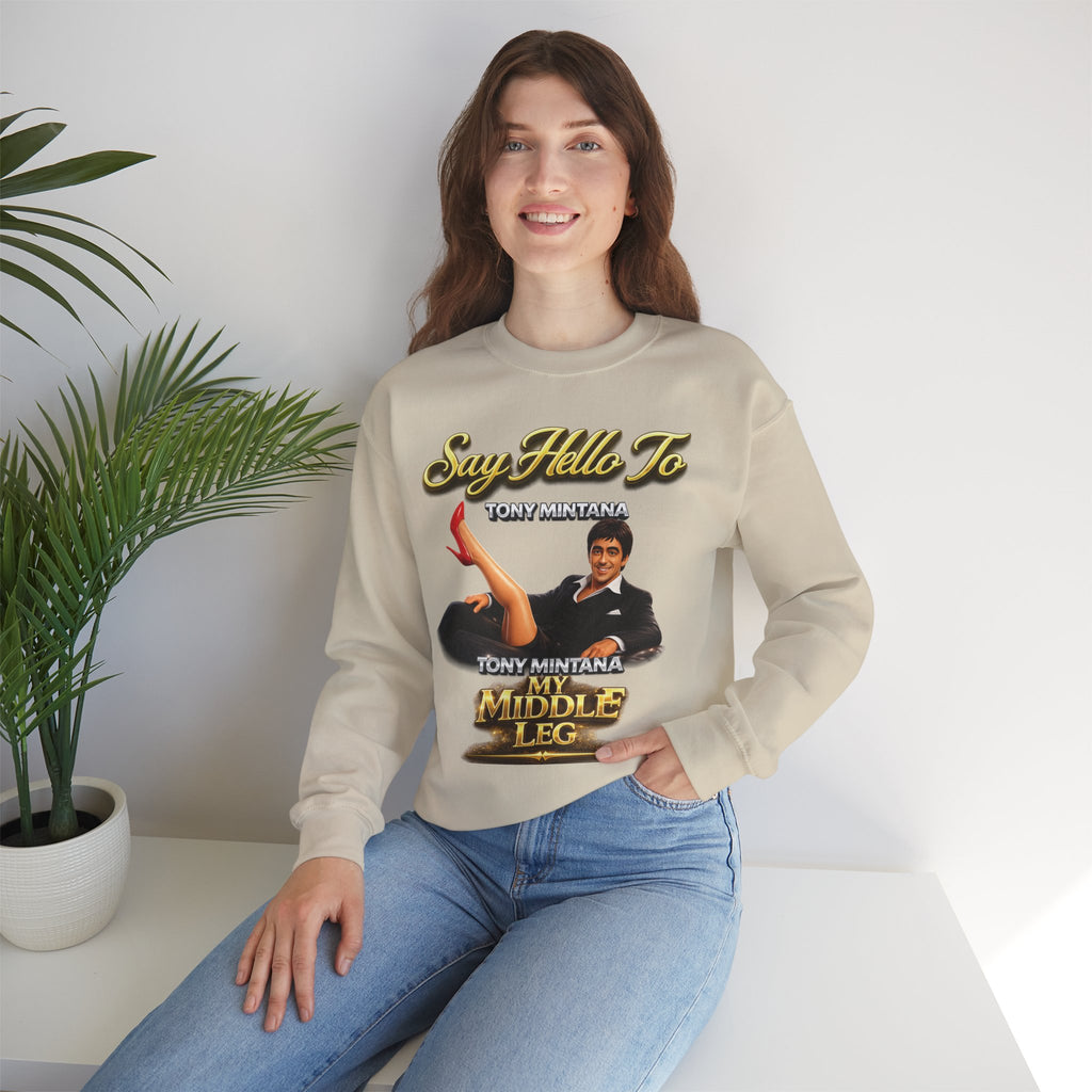 Scarface Parody Crewneck Sweatshirt — "Say Hello to My Middle Leg" Graphic Printify