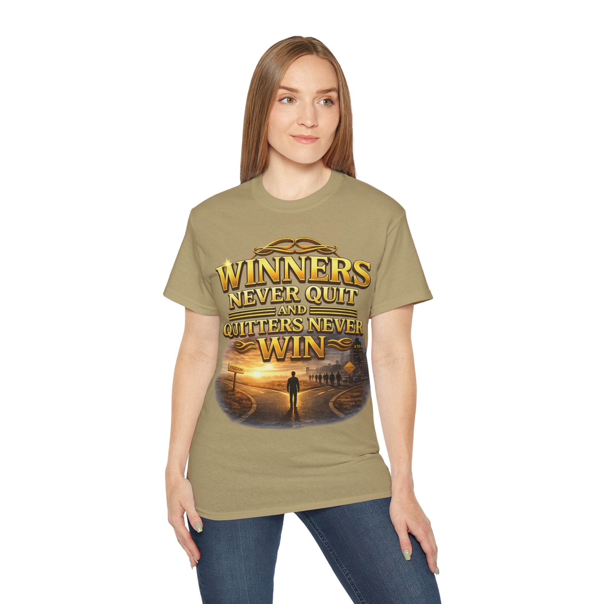 Winners Never Quit Inspirational Tee — Motivational Quote Shirt Printify