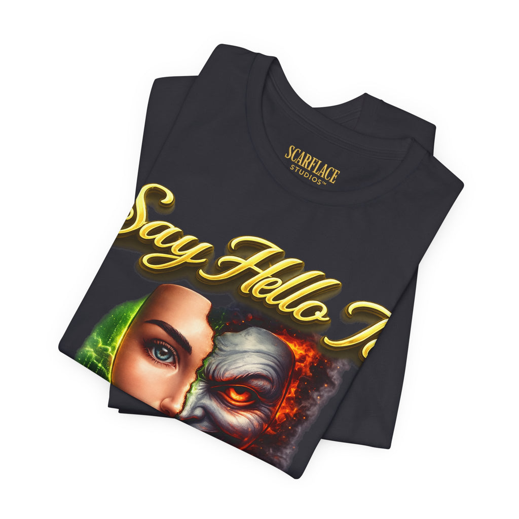 Horror Mask Split Face Tee — "Say Hello To Your Family and Friends" Graphic T-Shirt Printify