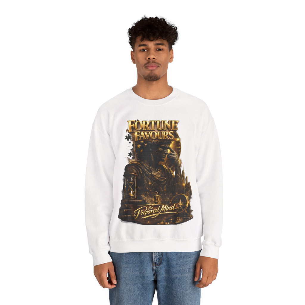 Crewneck Sweatshirt — "Fortune Favors the Prepared Mind" Motivational Design Printify