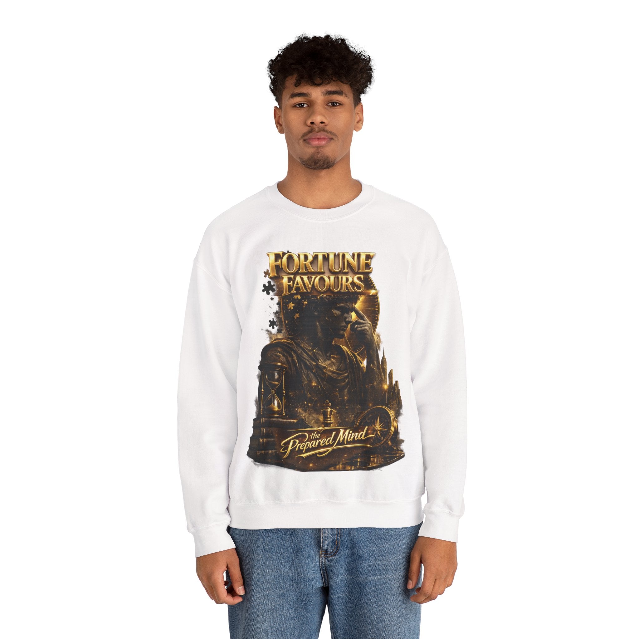 Crewneck Sweatshirt — "Fortune Favors the Prepared Mind" Motivational Design Printify