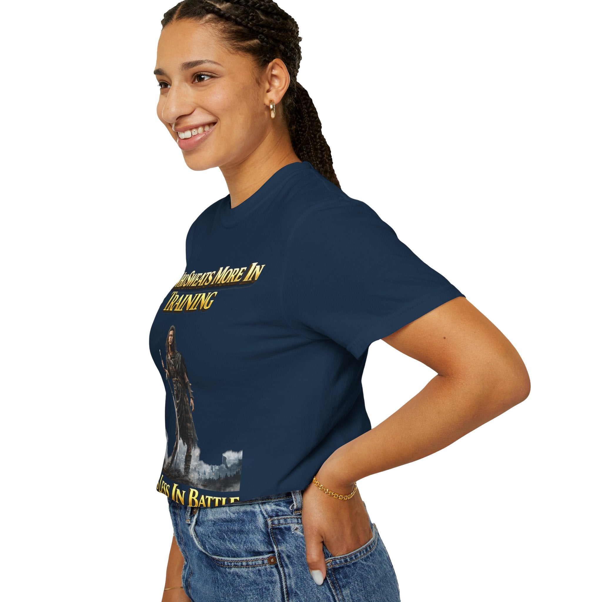 Training Warrior T-Shirt — "He Who Sweats More in Training Bleeds Less in Battle" Printify