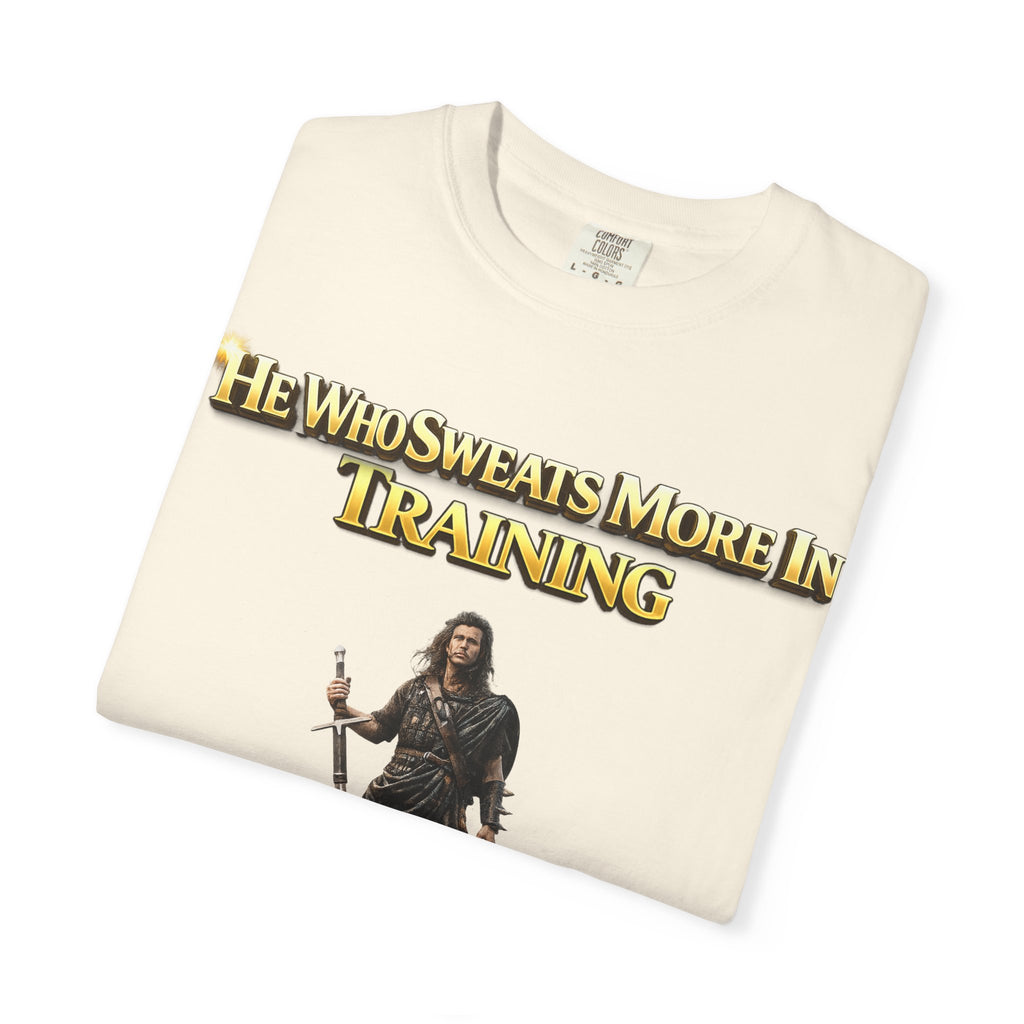 Training Warrior T-Shirt — "He Who Sweats More in Training Bleeds Less in Battle" Printify