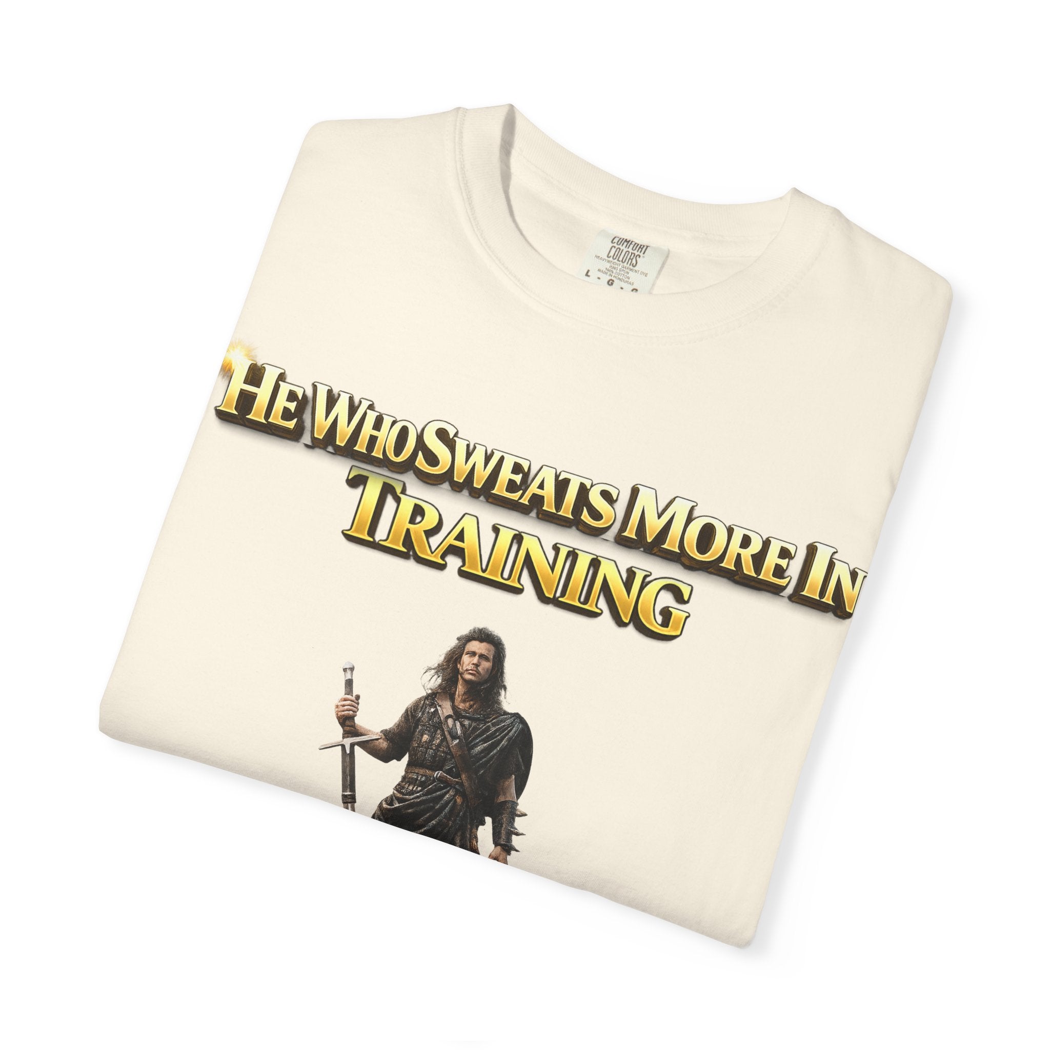 Training Warrior T-Shirt — "He Who Sweats More in Training Bleeds Less in Battle" Printify