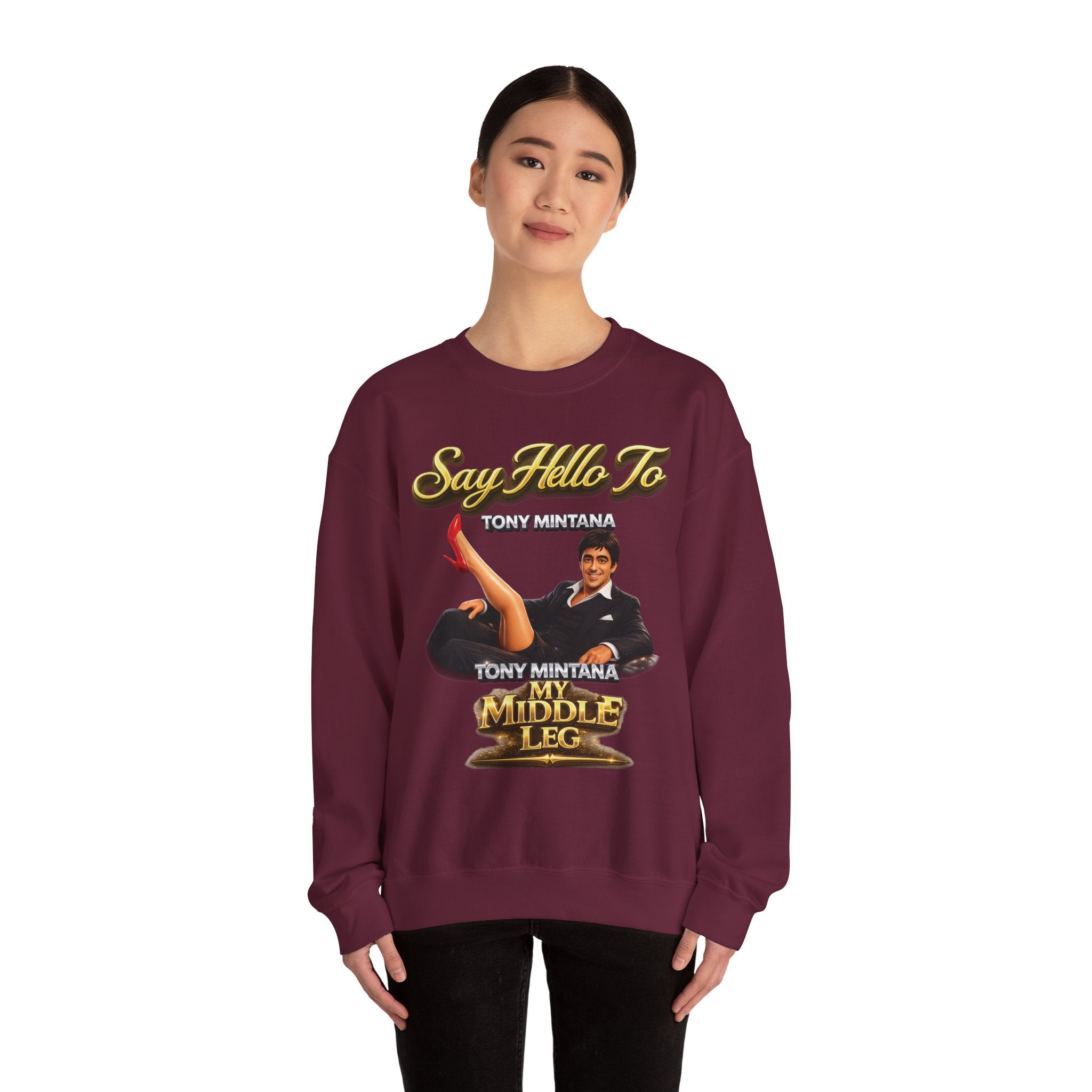 Scarface Parody Crewneck Sweatshirt — "Say Hello to My Middle Leg" Graphic Printify