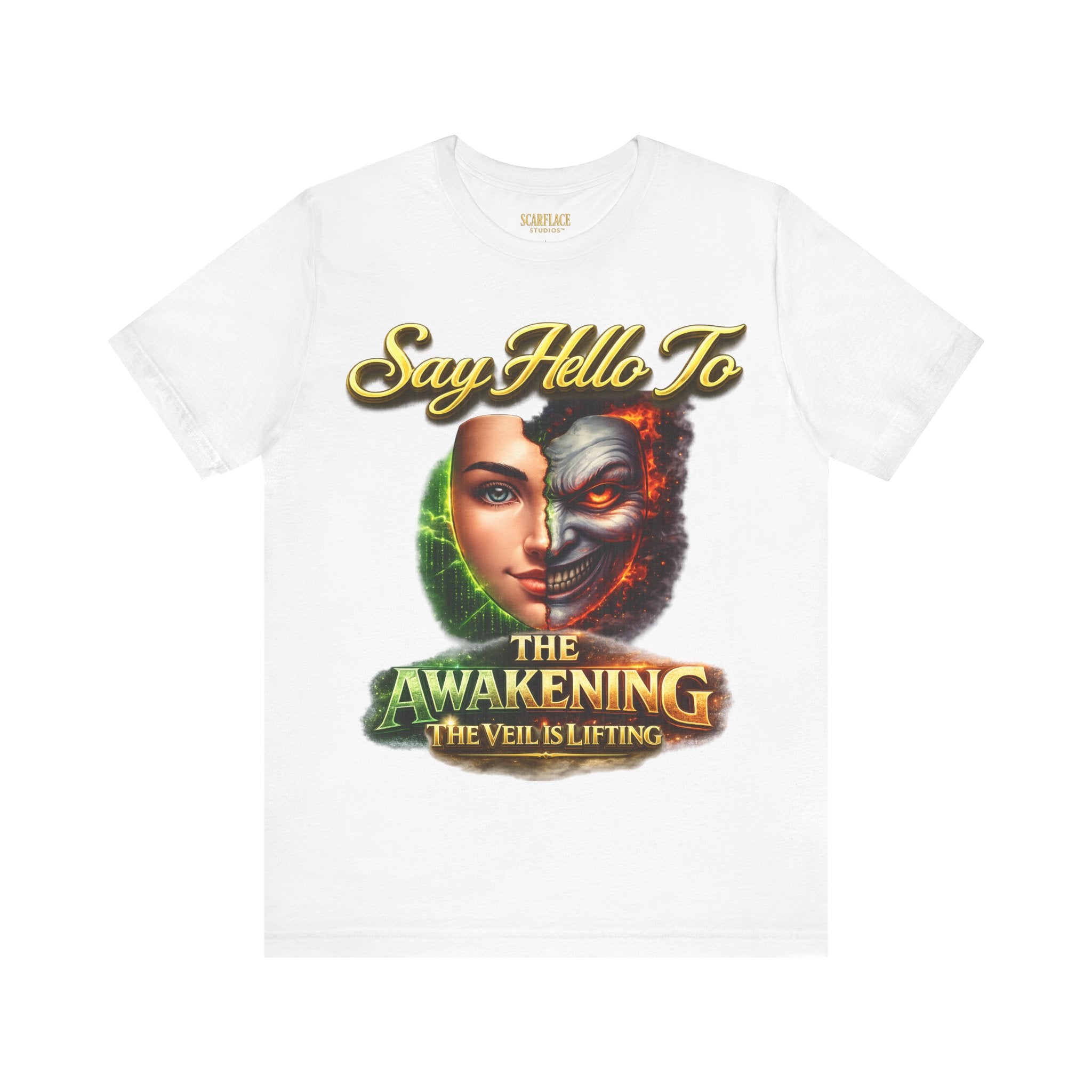 Horror Mask Split Face Tee — "Say Hello To Your Family and Friends" Graphic T-Shirt Printify
