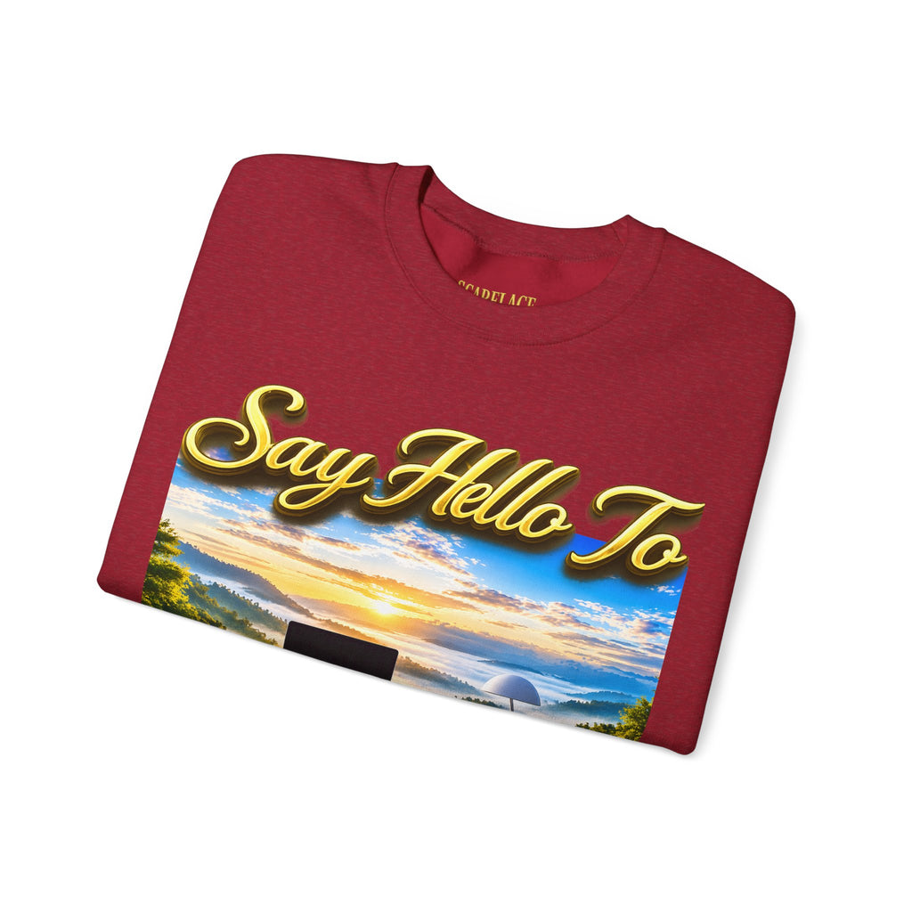 Working From Home Sweatshirt – "Say Hello To" Scenic Home Office Crewneck Printify