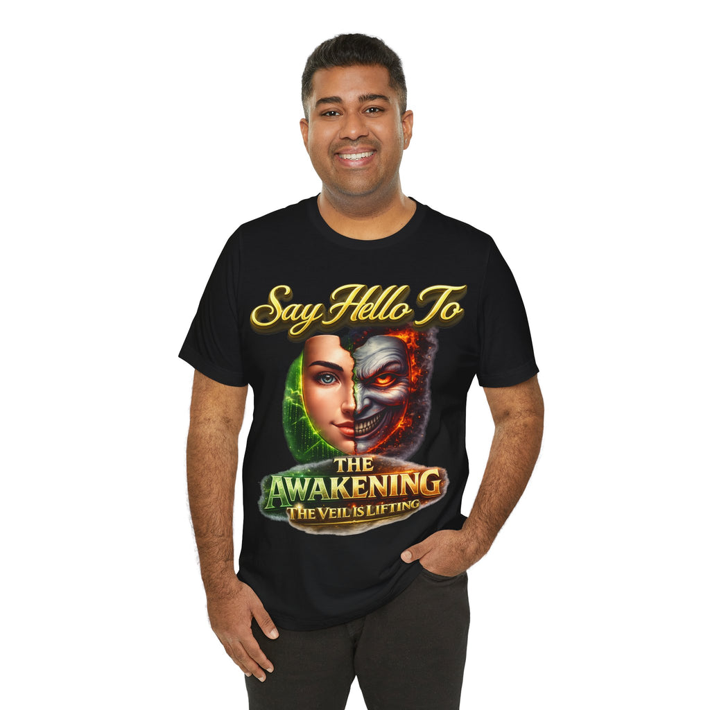 Horror Mask Split Face Tee — "Say Hello To Your Family and Friends" Graphic T-Shirt Printify