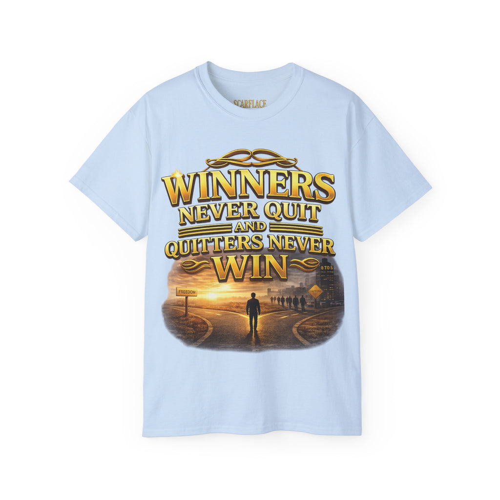 Winners Never Quit Inspirational Tee — Motivational Quote Shirt Printify