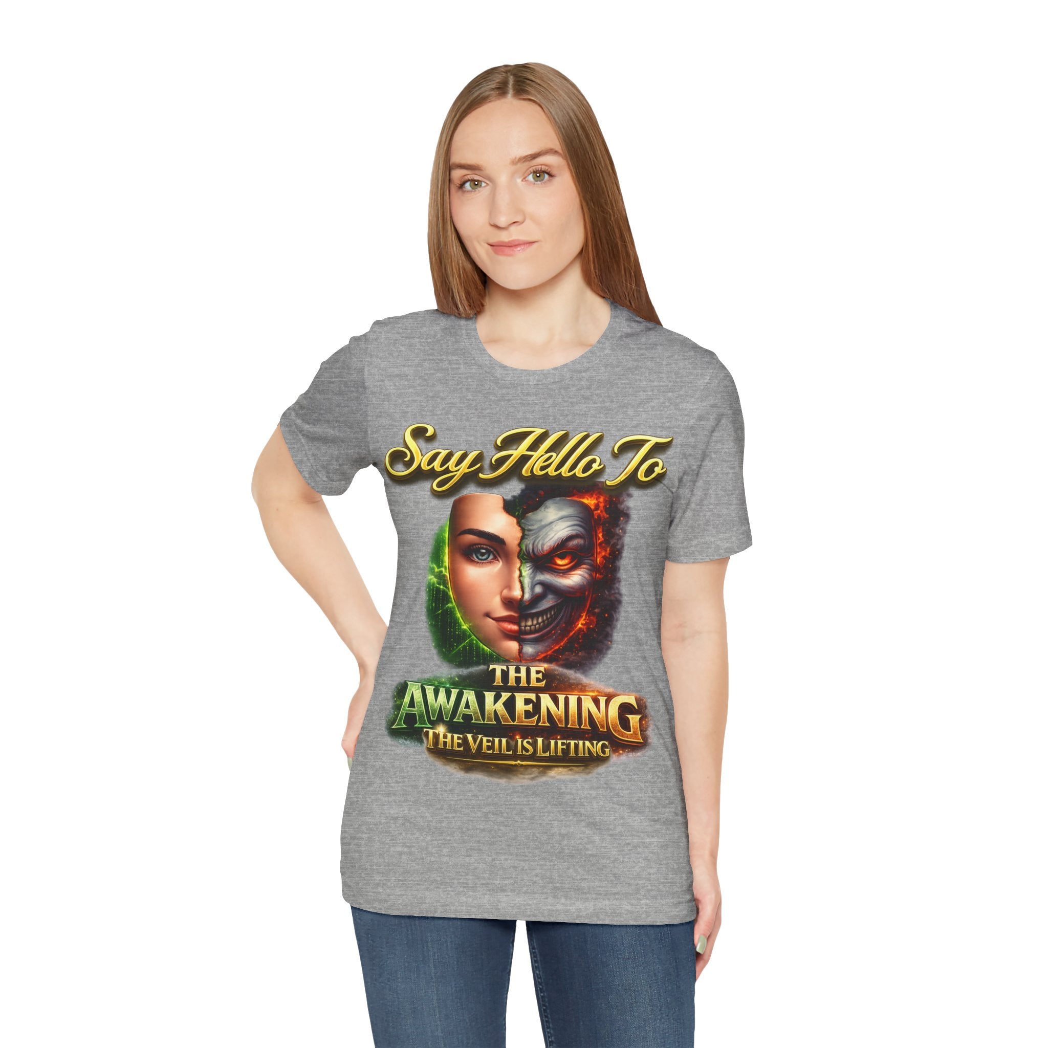 Horror Mask Split Face Tee — "Say Hello To Your Family and Friends" Graphic T-Shirt Printify