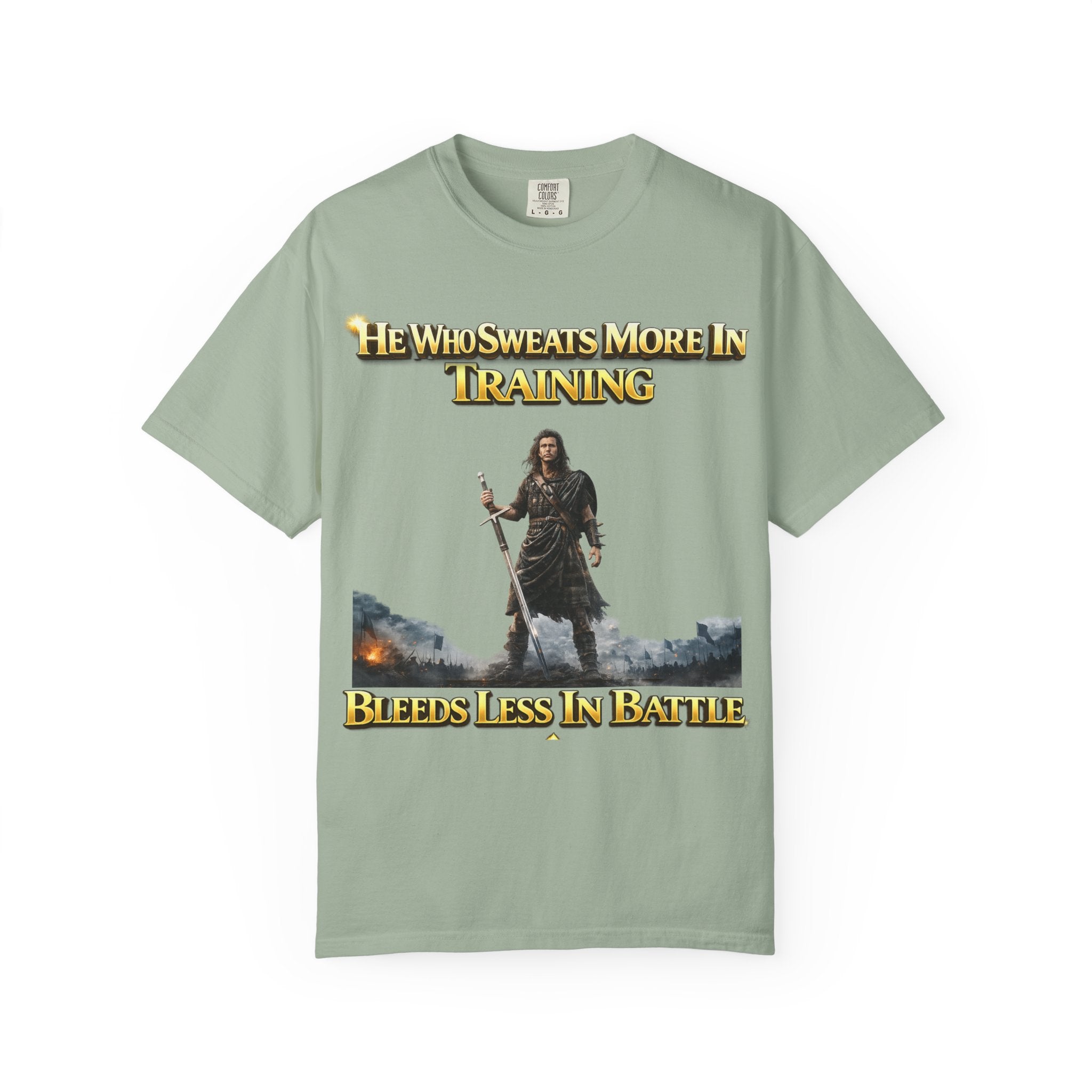 Training Warrior T-Shirt — "He Who Sweats More in Training Bleeds Less in Battle" Printify