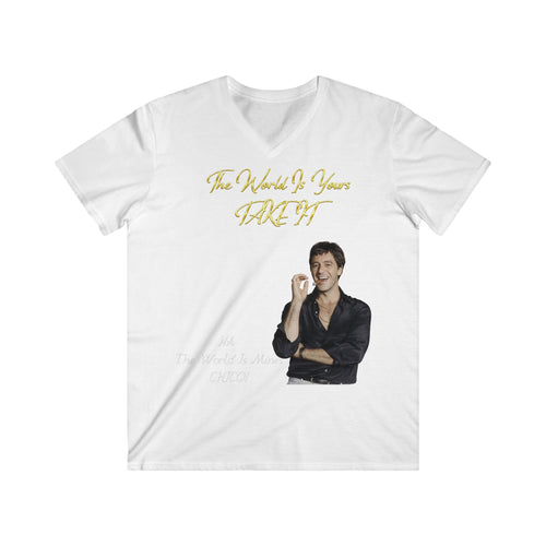 'The world is yours TAKE IT' V-Neck Tee — Scarflace Parody Printify
