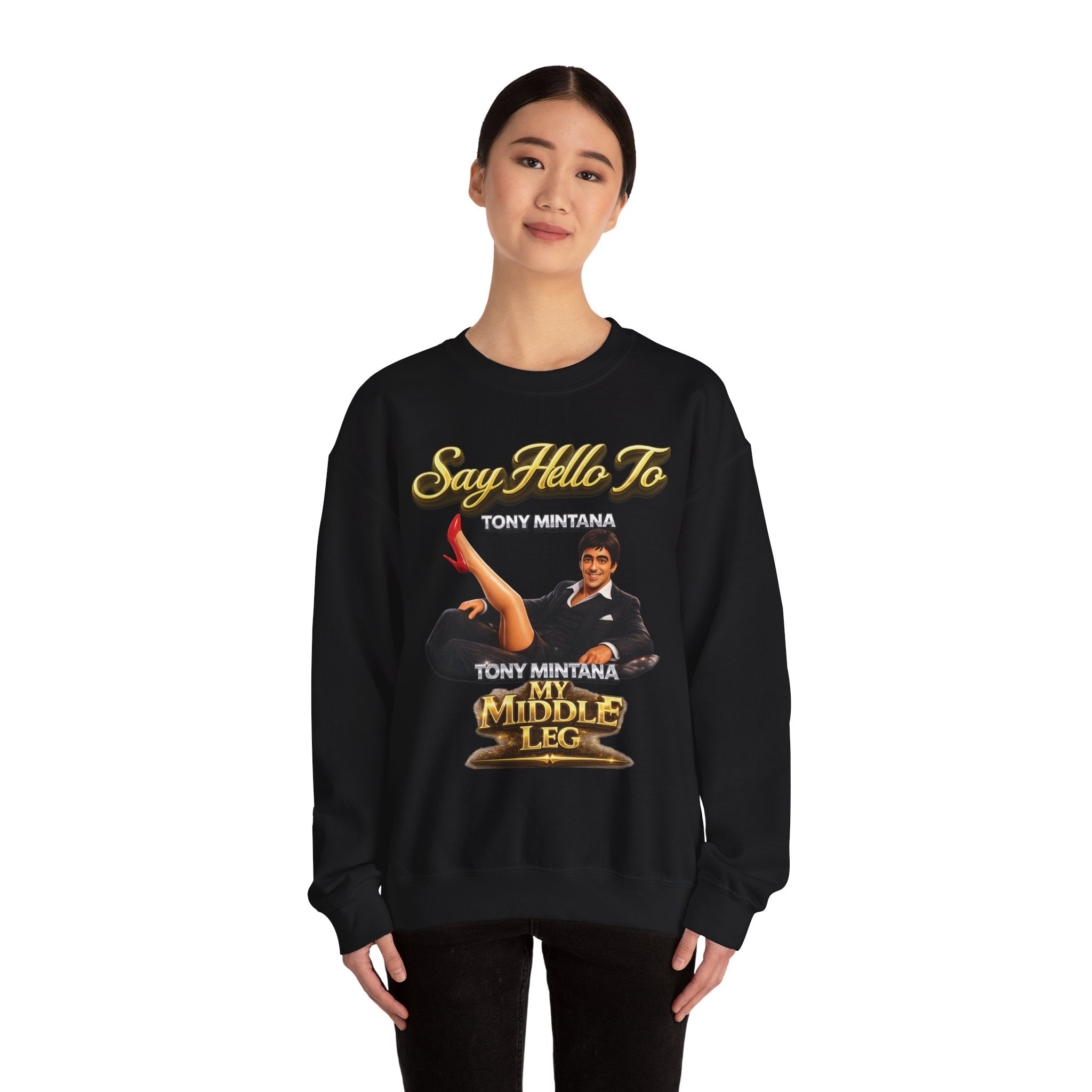 Scarface Parody Crewneck Sweatshirt — "Say Hello to My Middle Leg" Graphic Printify
