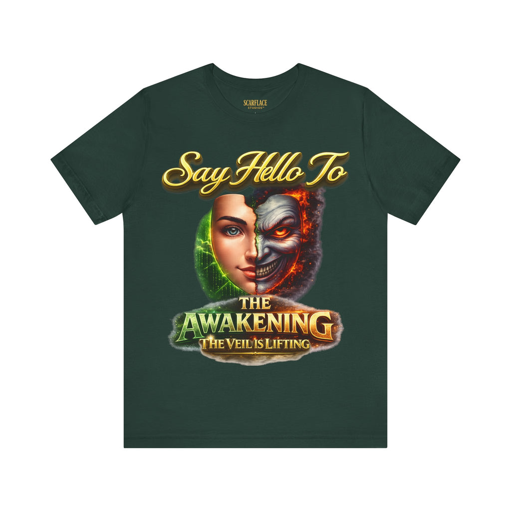 Horror Mask Split Face Tee — "Say Hello To Your Family and Friends" Graphic T-Shirt Printify