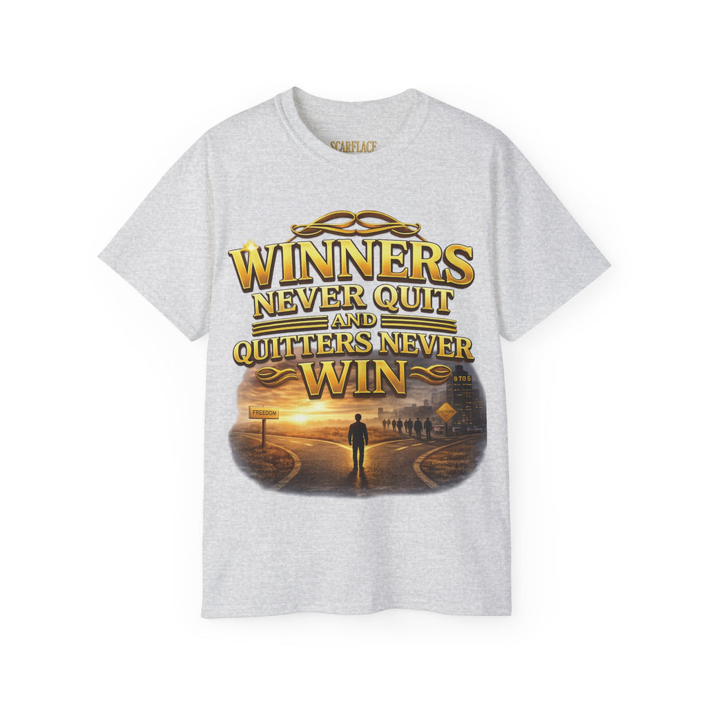 Winners Never Quit Inspirational Tee — Motivational Quote Shirt Printify