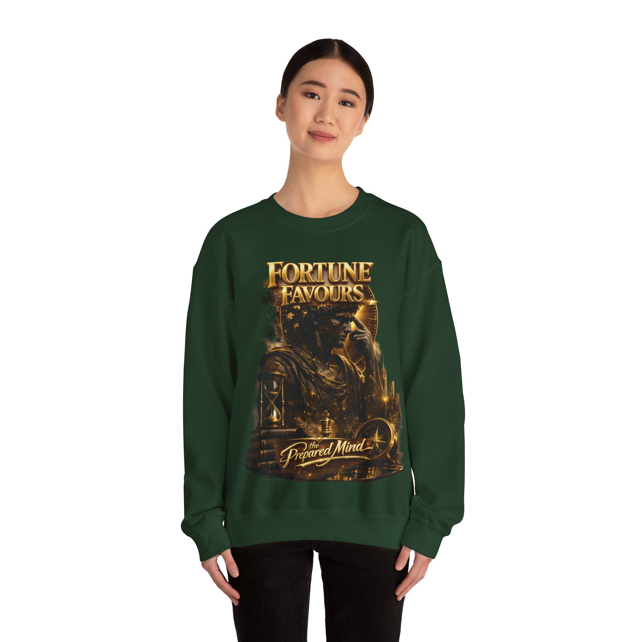 Crewneck Sweatshirt — "Fortune Favors the Prepared Mind" Motivational Design Printify