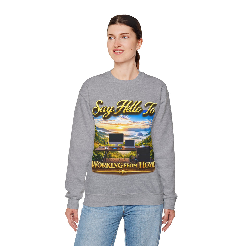 Working From Home Sweatshirt – "Say Hello To" Scenic Home Office Crewneck Printify