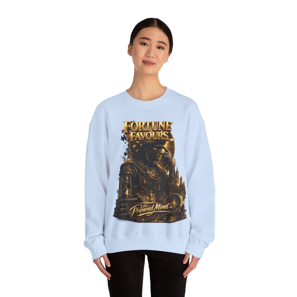 Crewneck Sweatshirt — "Fortune Favors the Prepared Mind" Motivational Design Printify