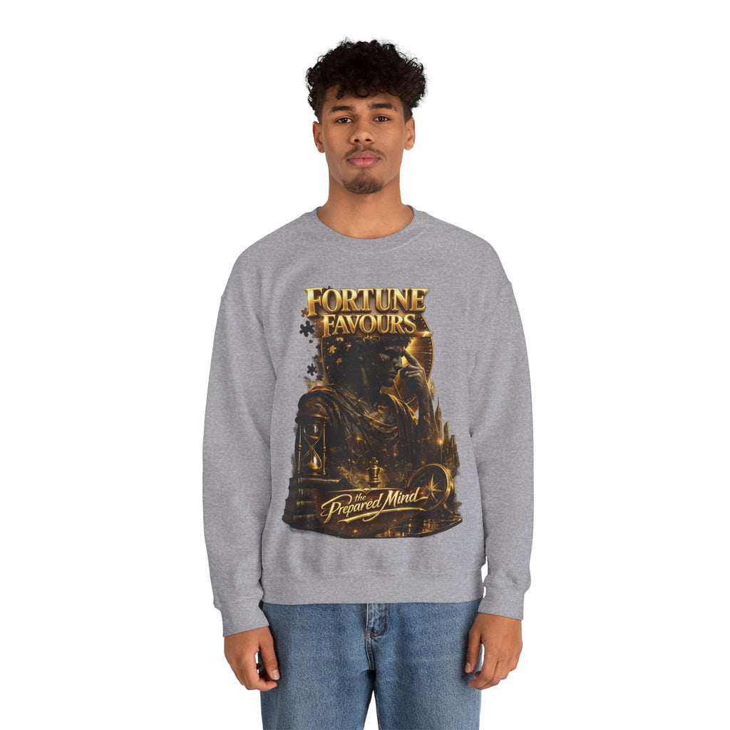 Crewneck Sweatshirt — "Fortune Favors the Prepared Mind" Motivational Design Printify