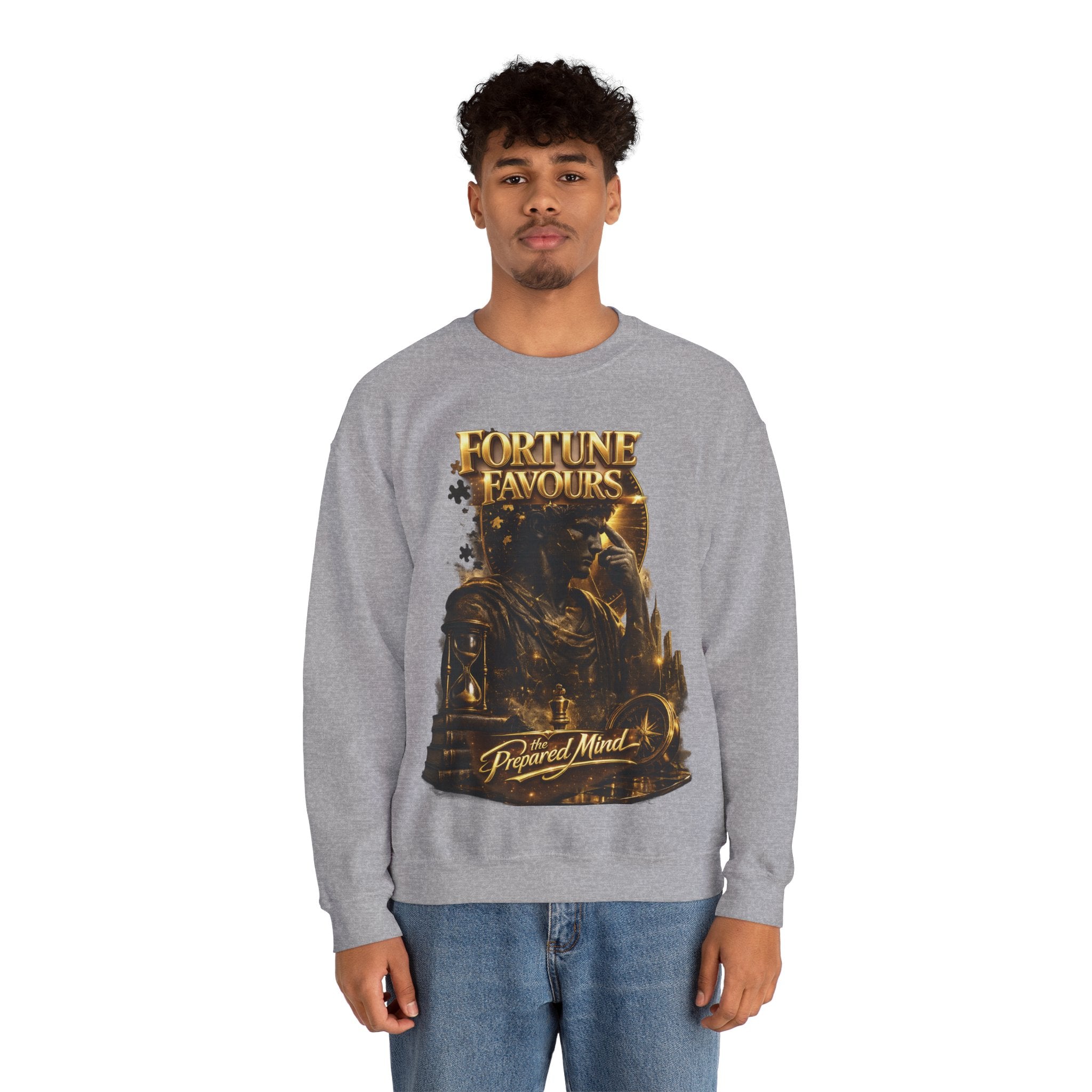 Crewneck Sweatshirt — "Fortune Favors the Prepared Mind" Motivational Design Printify