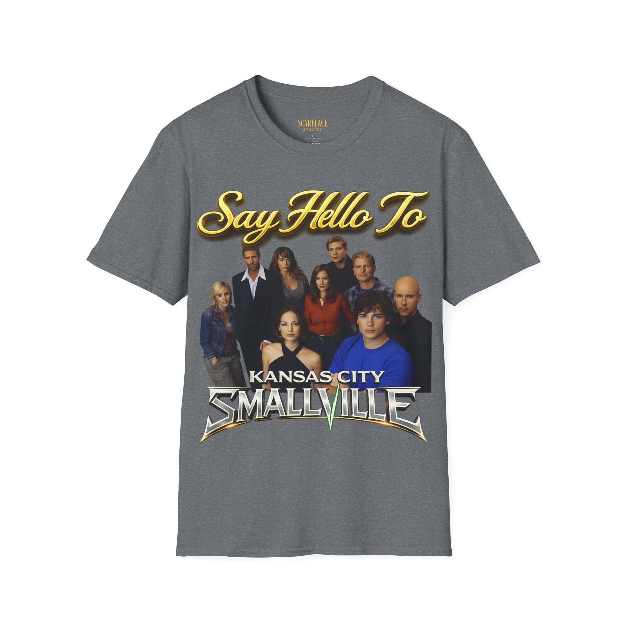 Smallville Cast T-Shirt – "Say Hello To" Kansas City Retro TV Logo Printify