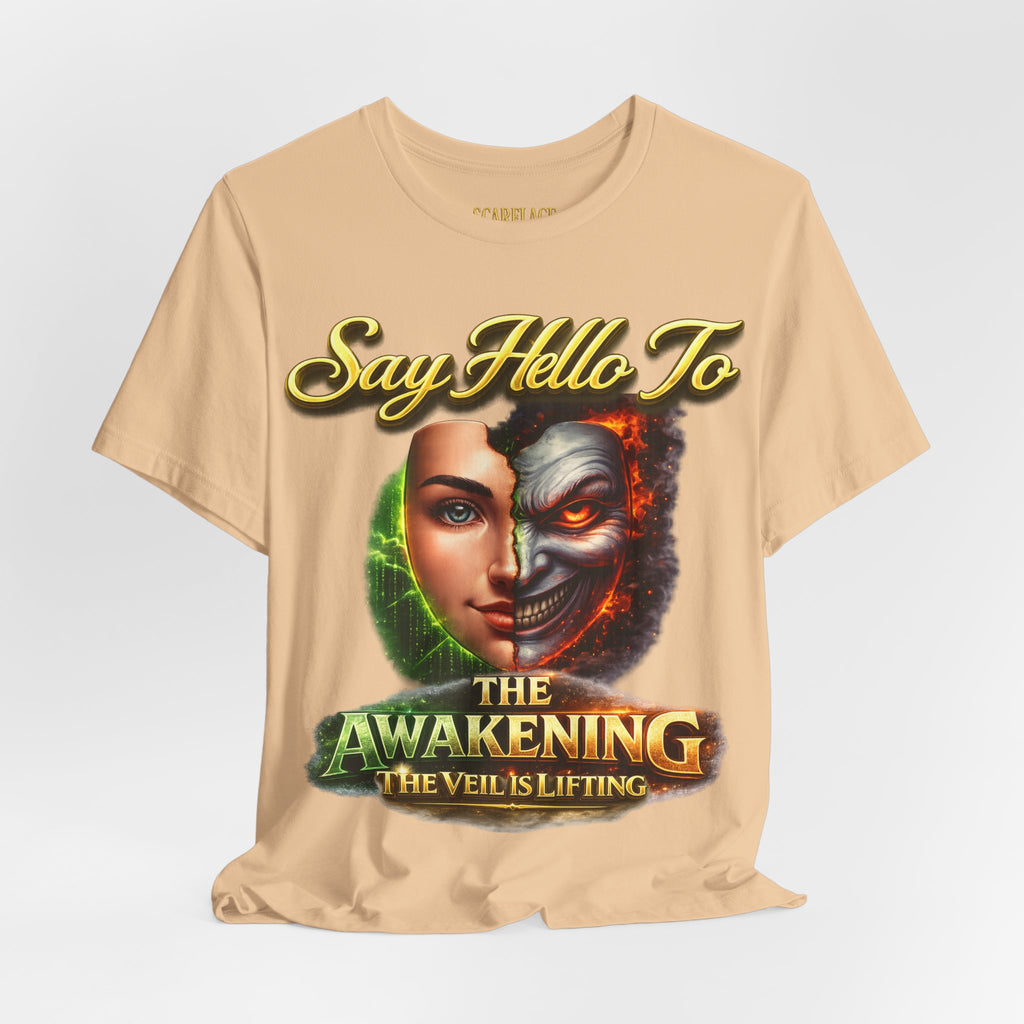 Horror Mask Split Face Tee — "Say Hello To Your Family and Friends" Graphic T-Shirt Printify
