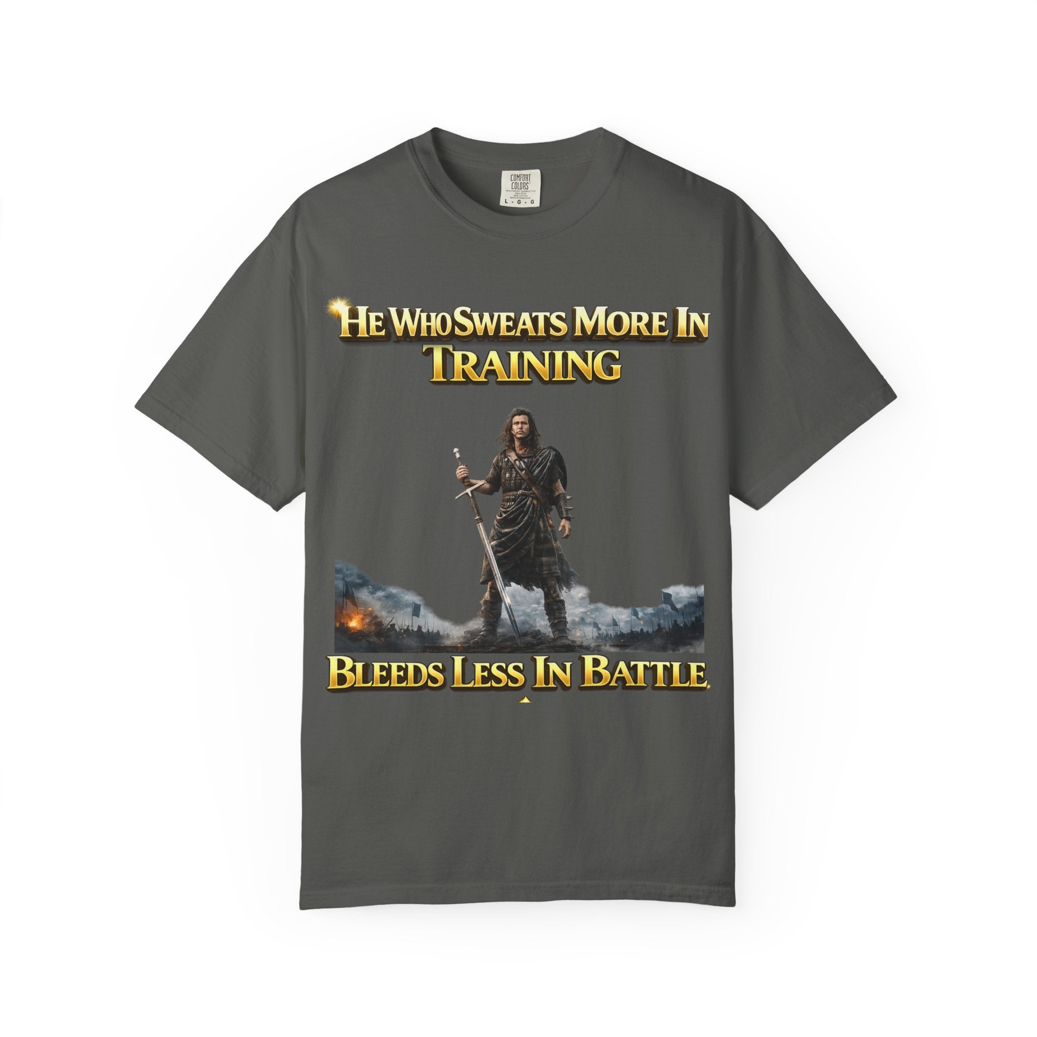 Training Warrior T-Shirt — "He Who Sweats More in Training Bleeds Less in Battle" Printify