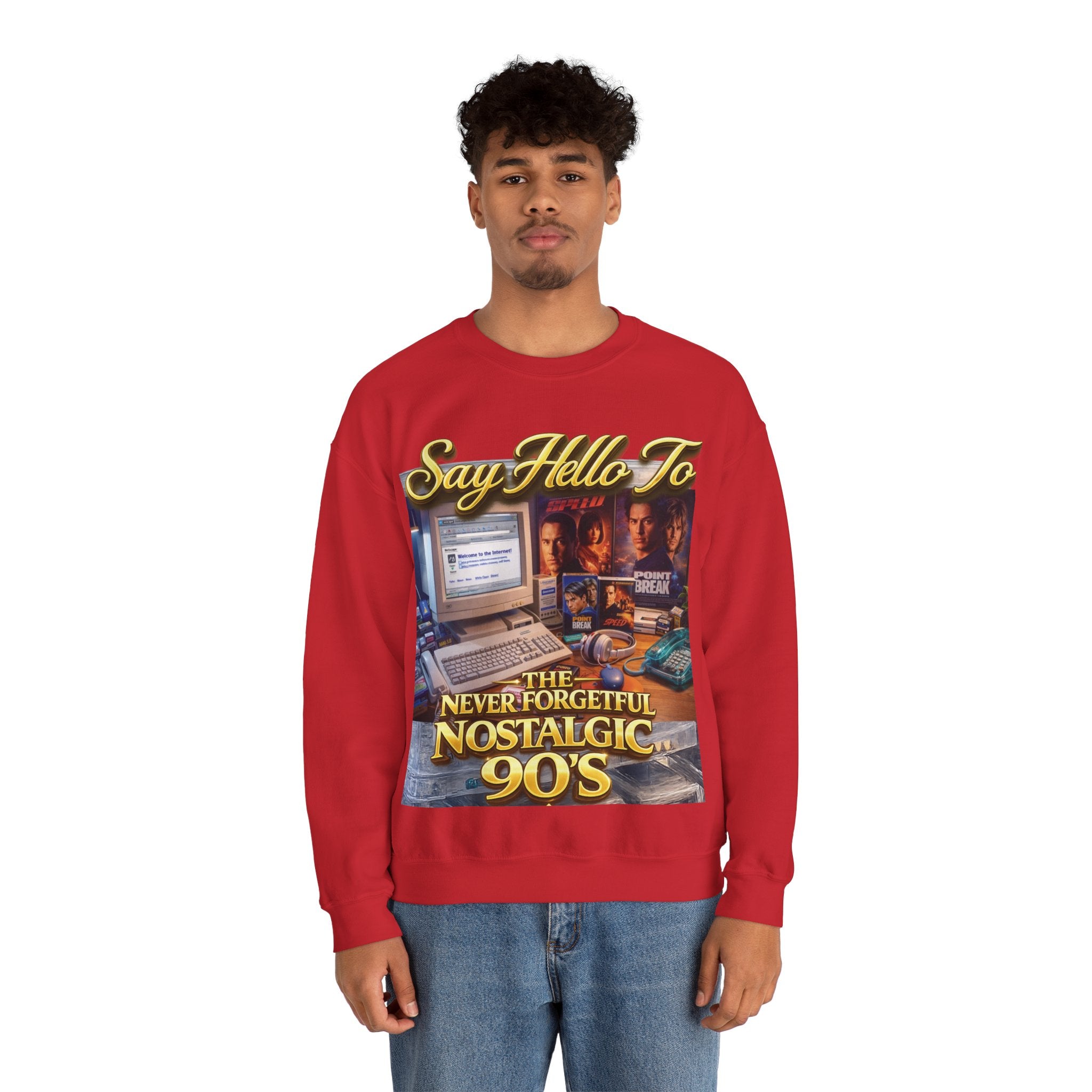 90s Nostalgia Crewneck Sweatshirt – "Say Hello To The Never Forgetful Nostalgic 90's" Printify