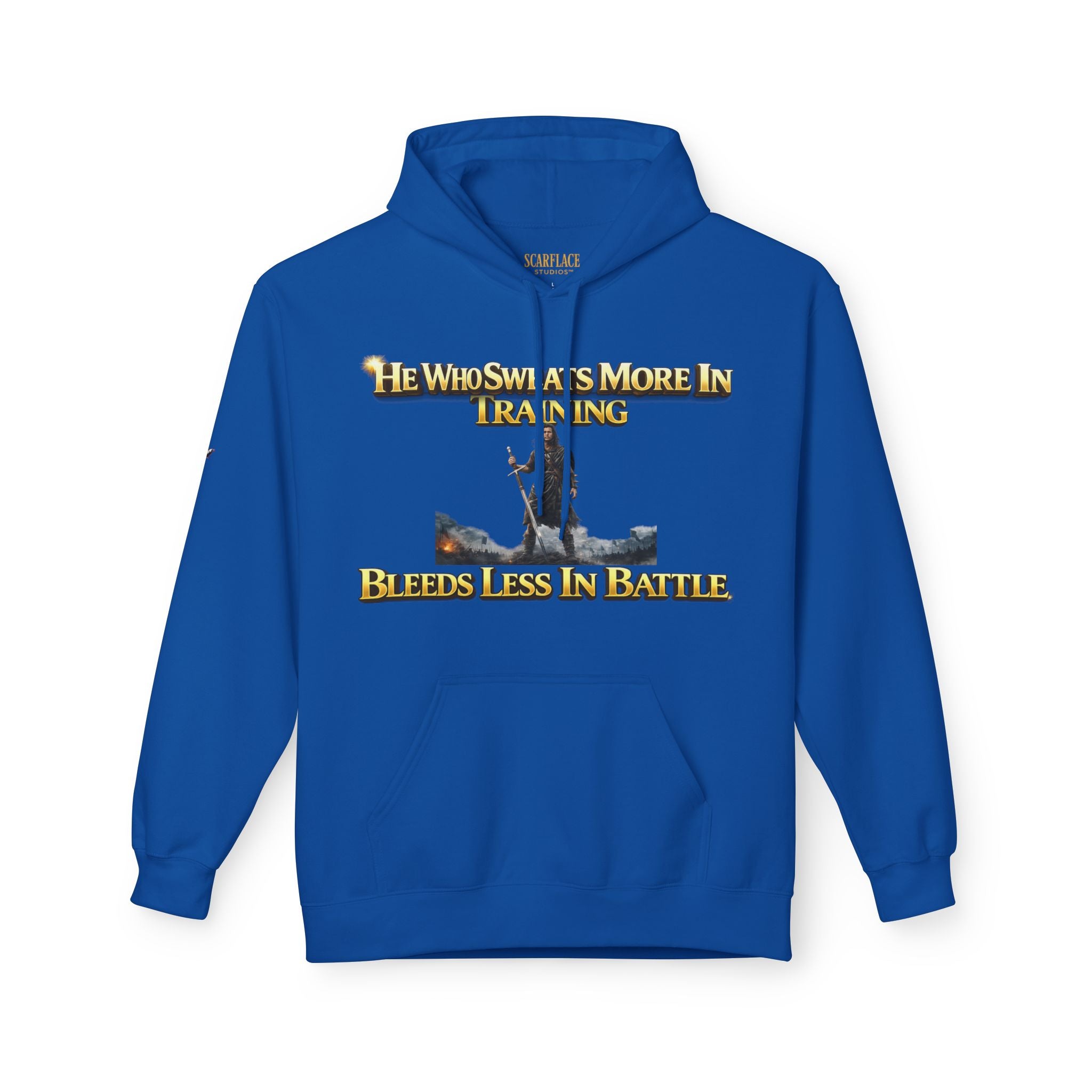 Warrior Training Hoodie — "He Who Sweats More in Training Bleeds Less in Battle" Printify