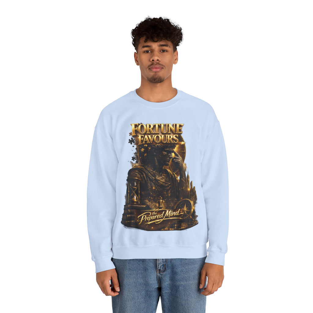 Crewneck Sweatshirt — "Fortune Favors the Prepared Mind" Motivational Design Printify