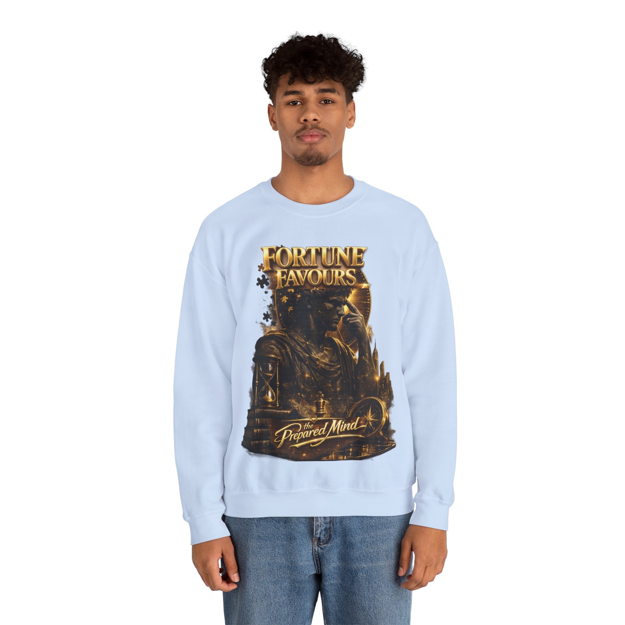 Crewneck Sweatshirt — "Fortune Favors the Prepared Mind" Motivational Design Printify