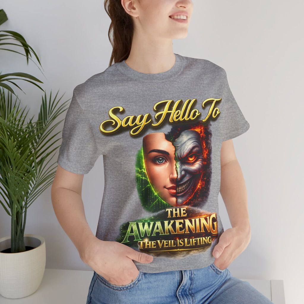Horror Mask Split Face Tee — "Say Hello To Your Family and Friends" Graphic T-Shirt Printify