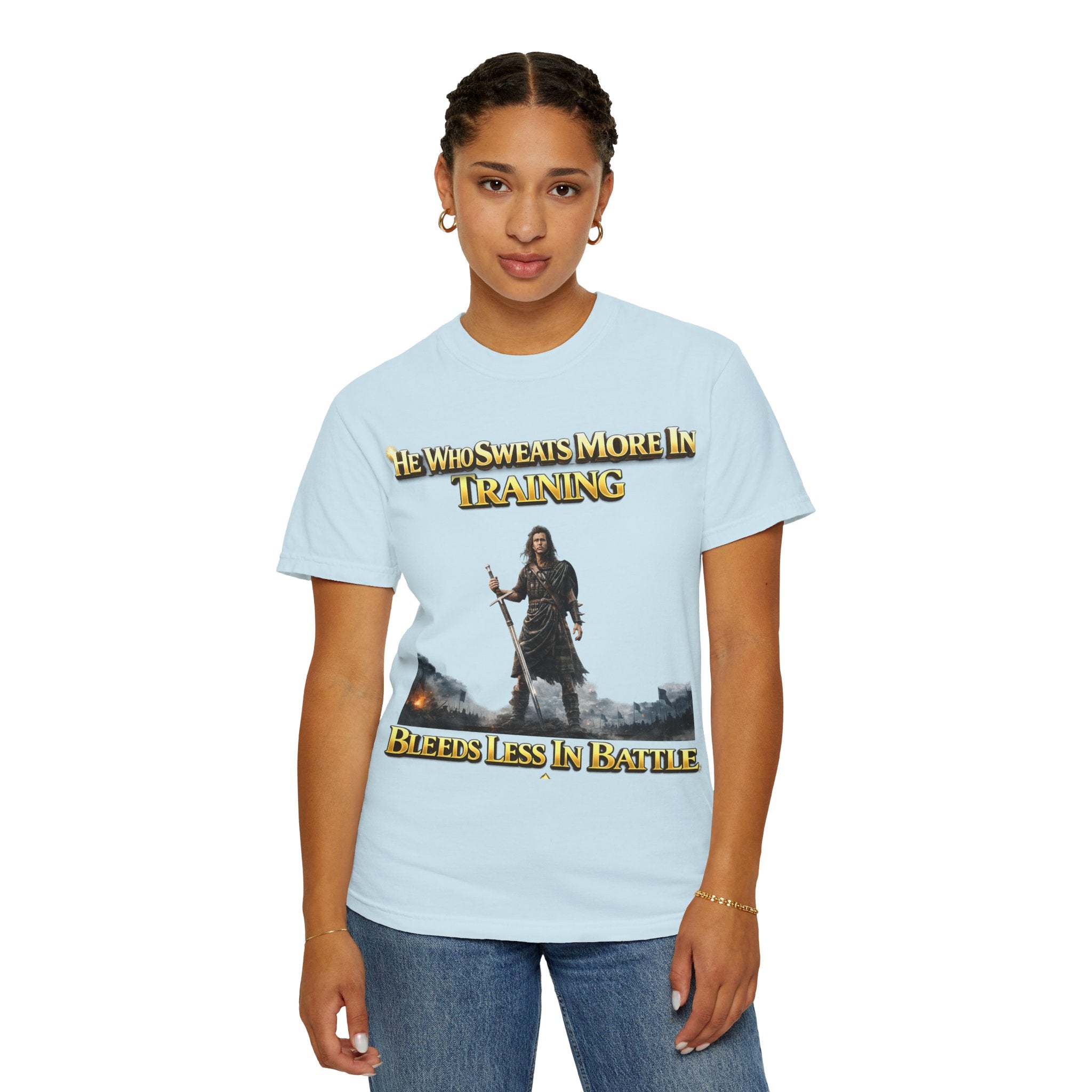 Training Warrior T-Shirt — "He Who Sweats More in Training Bleeds Less in Battle" Printify