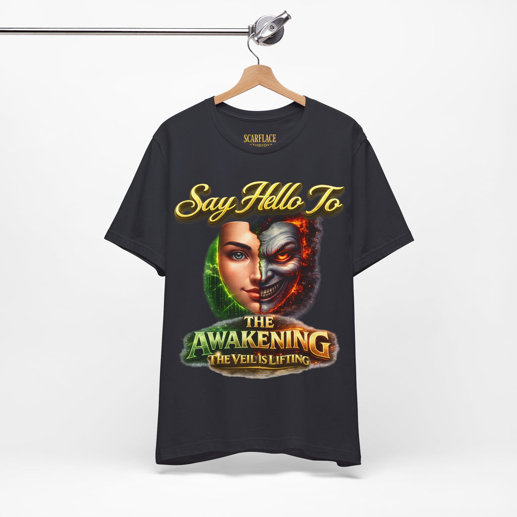 Horror Mask Split Face Tee — "Say Hello To Your Family and Friends" Graphic T-Shirt Printify