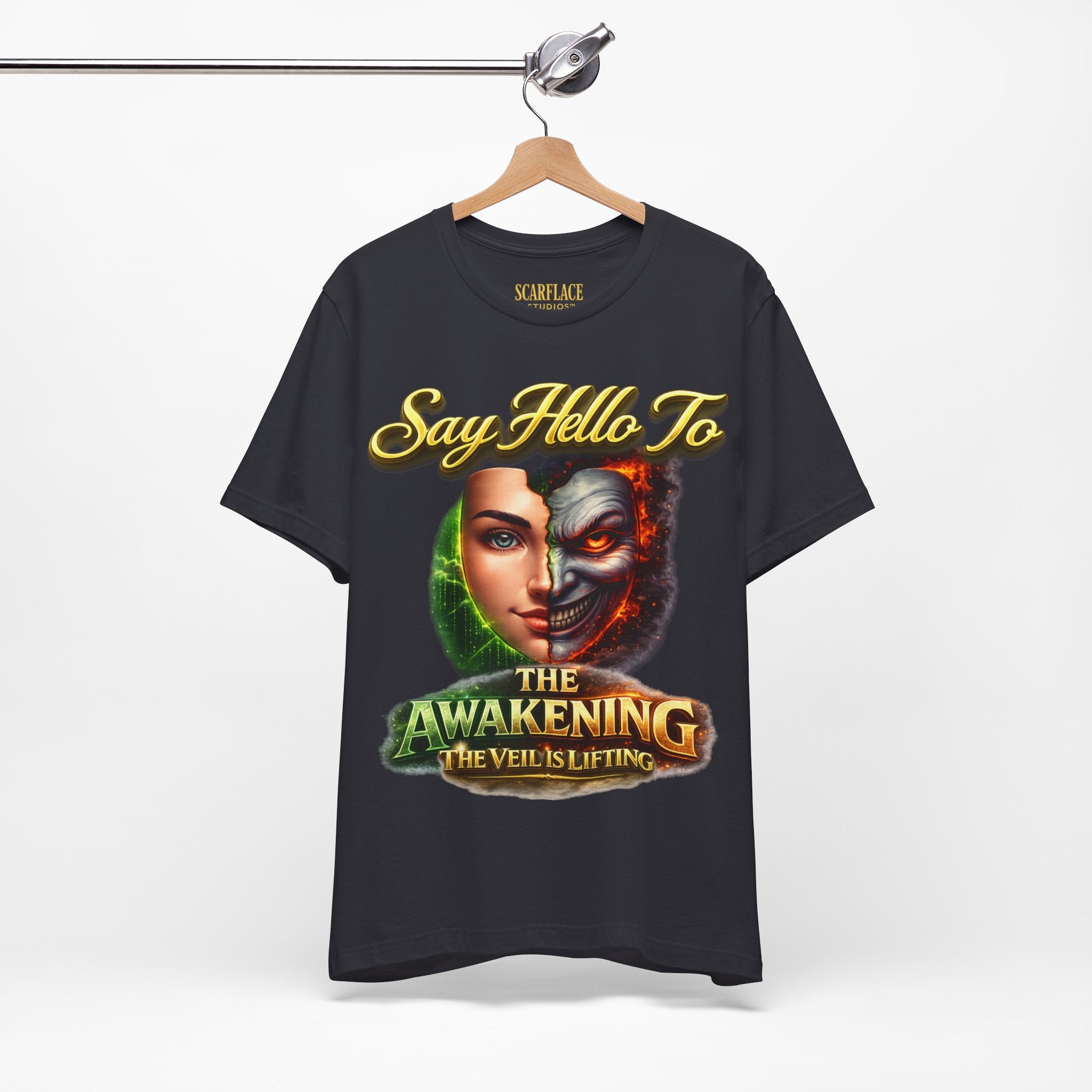 Horror Mask Split Face Tee — "Say Hello To Your Family and Friends" Graphic T-Shirt Printify